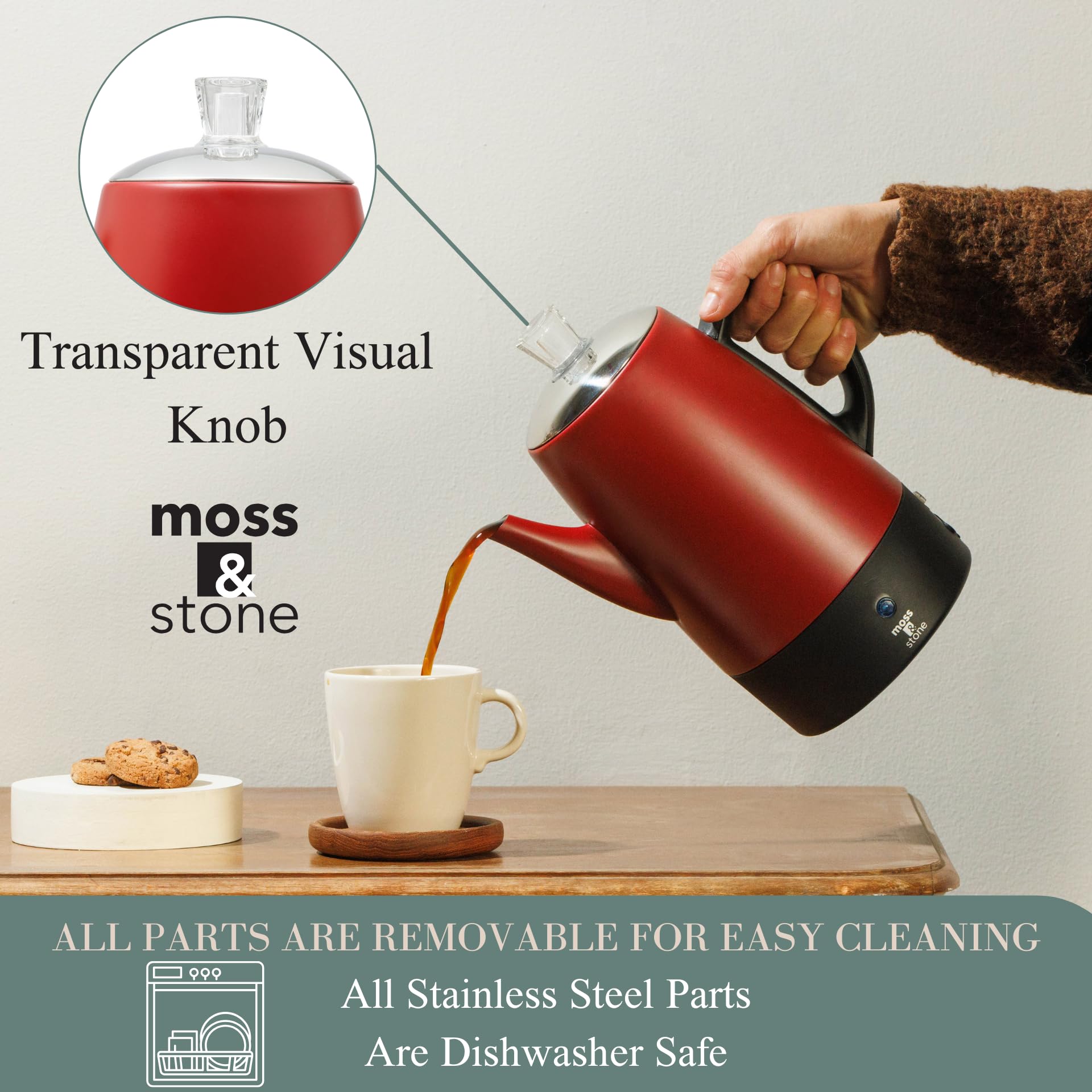 Electric Coffee Percolator - 10 Cup Stainless Steel Camping Coffee Maker with Red Body & Lid for Outdoor, RV, and Home Brewing | Moss & Stone