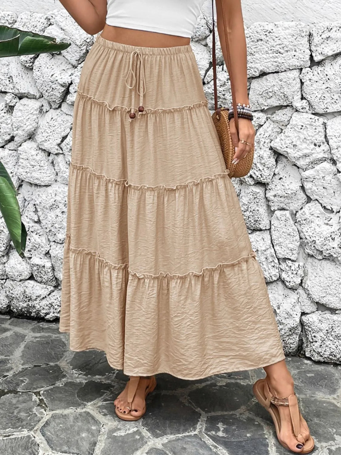 Boho Beachy Frill Tiered Skirt for Women - Flowy Summer Maxi Skirt with Ruffle Hem - Perfect for Beach Vacations, Music Festivals & Boho Chic Outfits