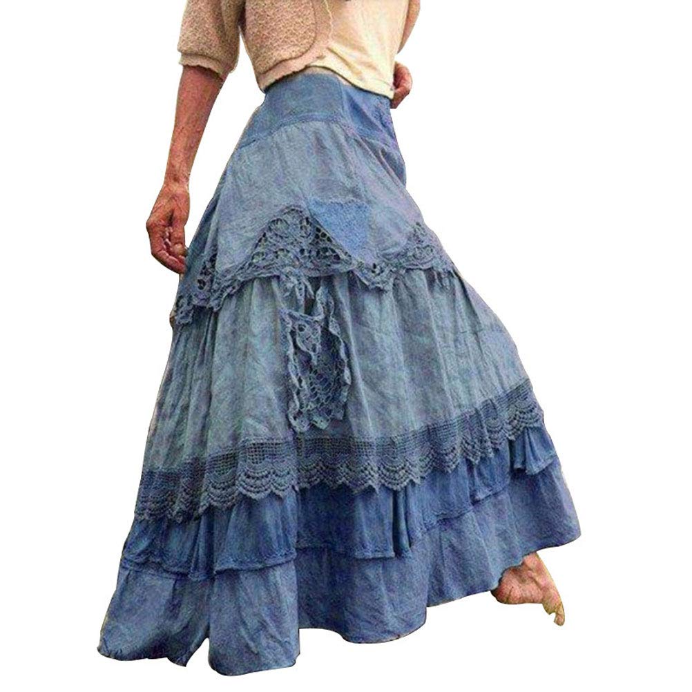 Boho Tiered Maxi Skirt for Women - Elastic Waist Pleated Ruffles Swing Long Skirt - Perfect for Beach, Summer, Music Festivals & Casual Outfits