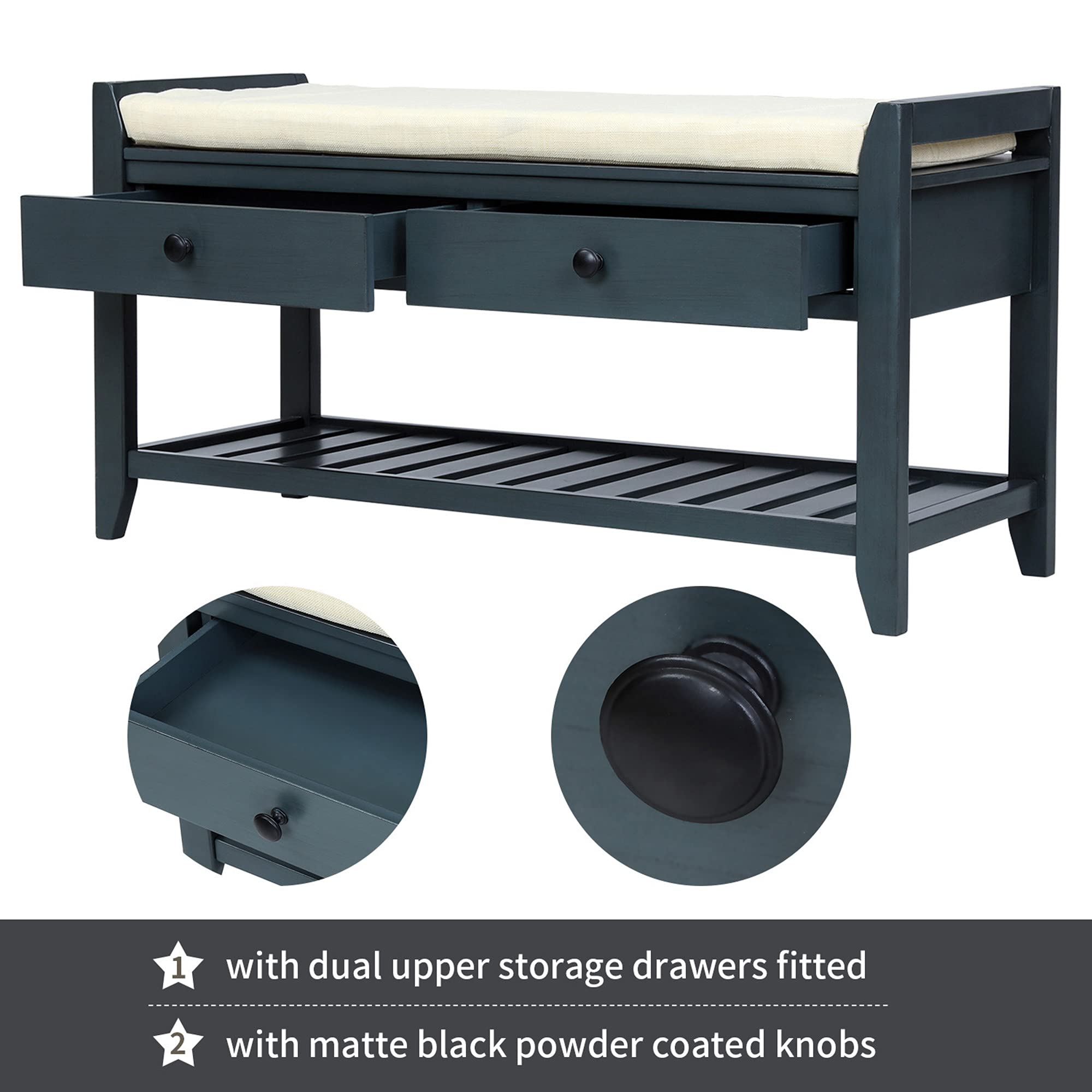 P PURLOVE Storage Bench with Cushioned Seat - Multipurpose Entryway Shoe Rack with Drawers & Shelf for Living Room, Hallway & Bedroom - Antique Navy - Perfect for Organizing Shoes, Blankets & Home Decor