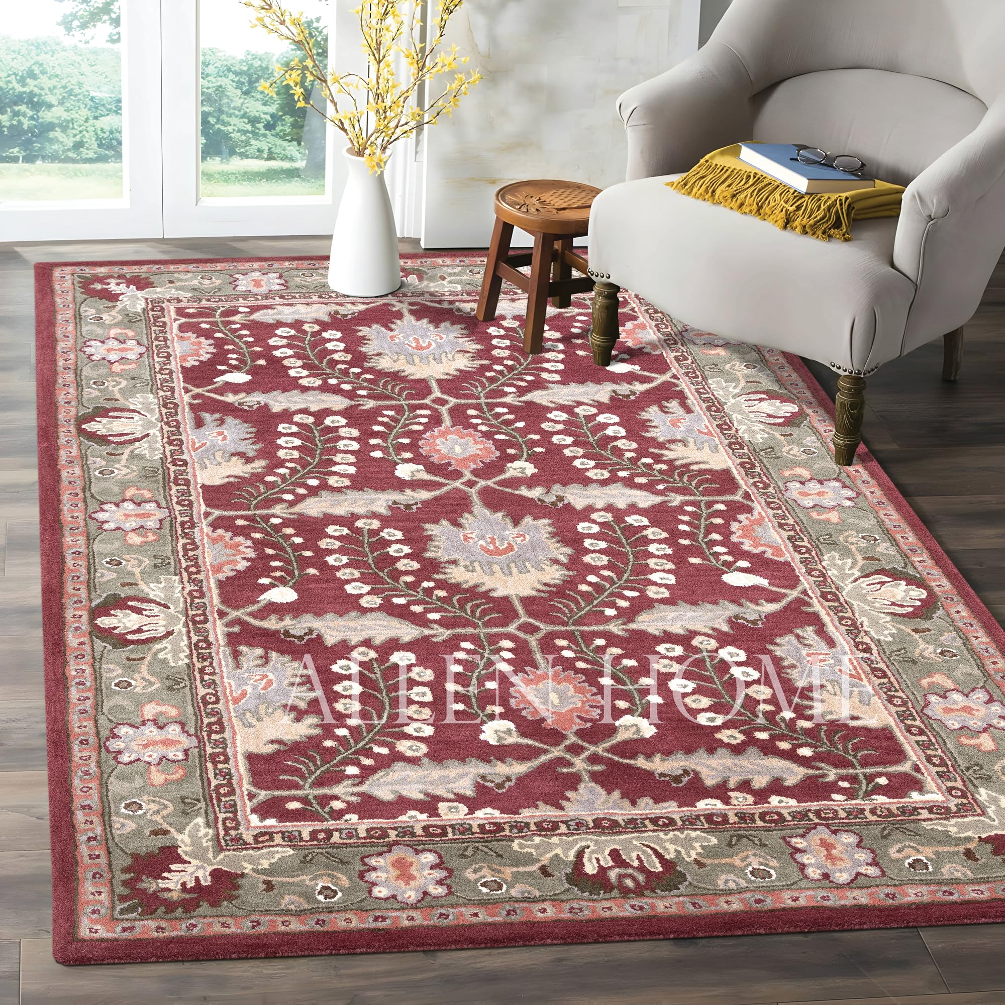 Allen Home Handmade Wool Area Rugs – 5’ x 8’ Traditional Handcrafted Carpets with Natural Latex Backing & 100% Cotton for Living Room, Bedroom, Dining Room | Allie Rust Color | Perfect for Cozy Home Decor & High-Traffic Areas