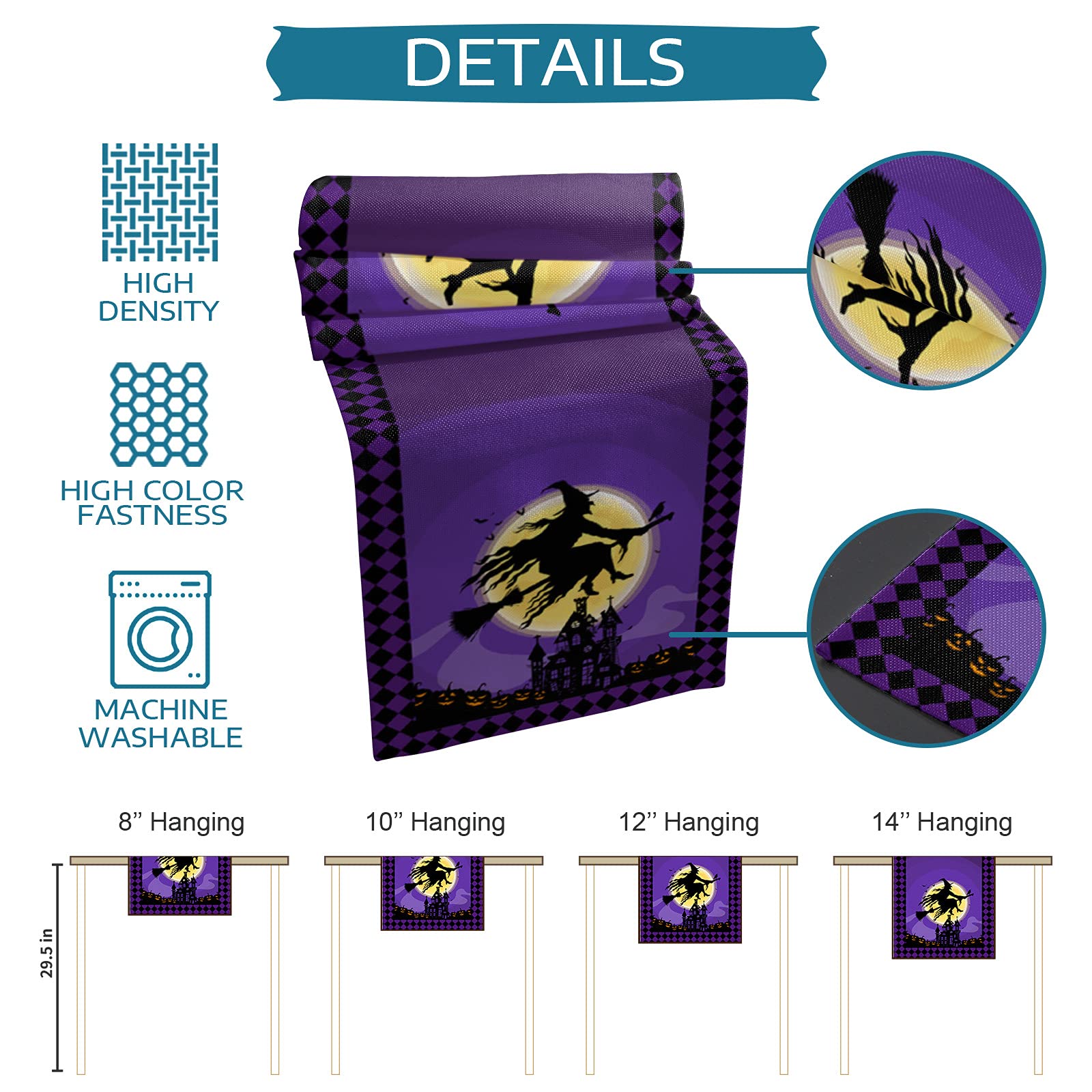 36 Inch Halloween Table Runner - Witches Haunted House Design for Parties, Ceremonies & Banquets | 13x36 Inch Purple Black Moon Night Decor | Perfect for Indoor/Outdoor Dining Tables, Buffets & Dressers