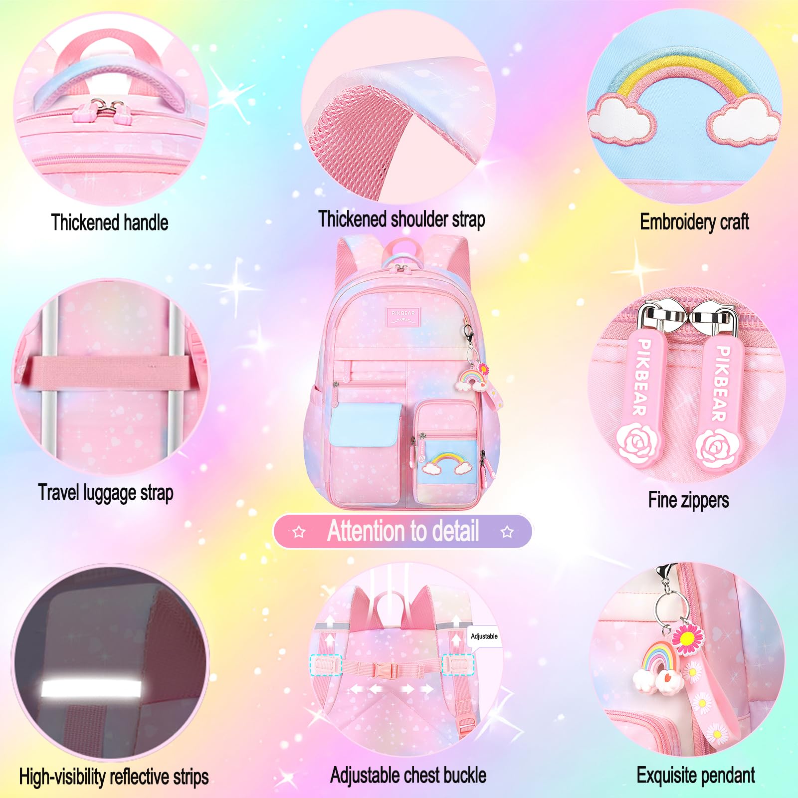 3Pcs Kids Backpack Set for Girls - Cute Rainbow School Backpack with Lunch Bag & Pen Case (Purple, Medium 16.5in) - Perfect for School, Travel & Daily Use