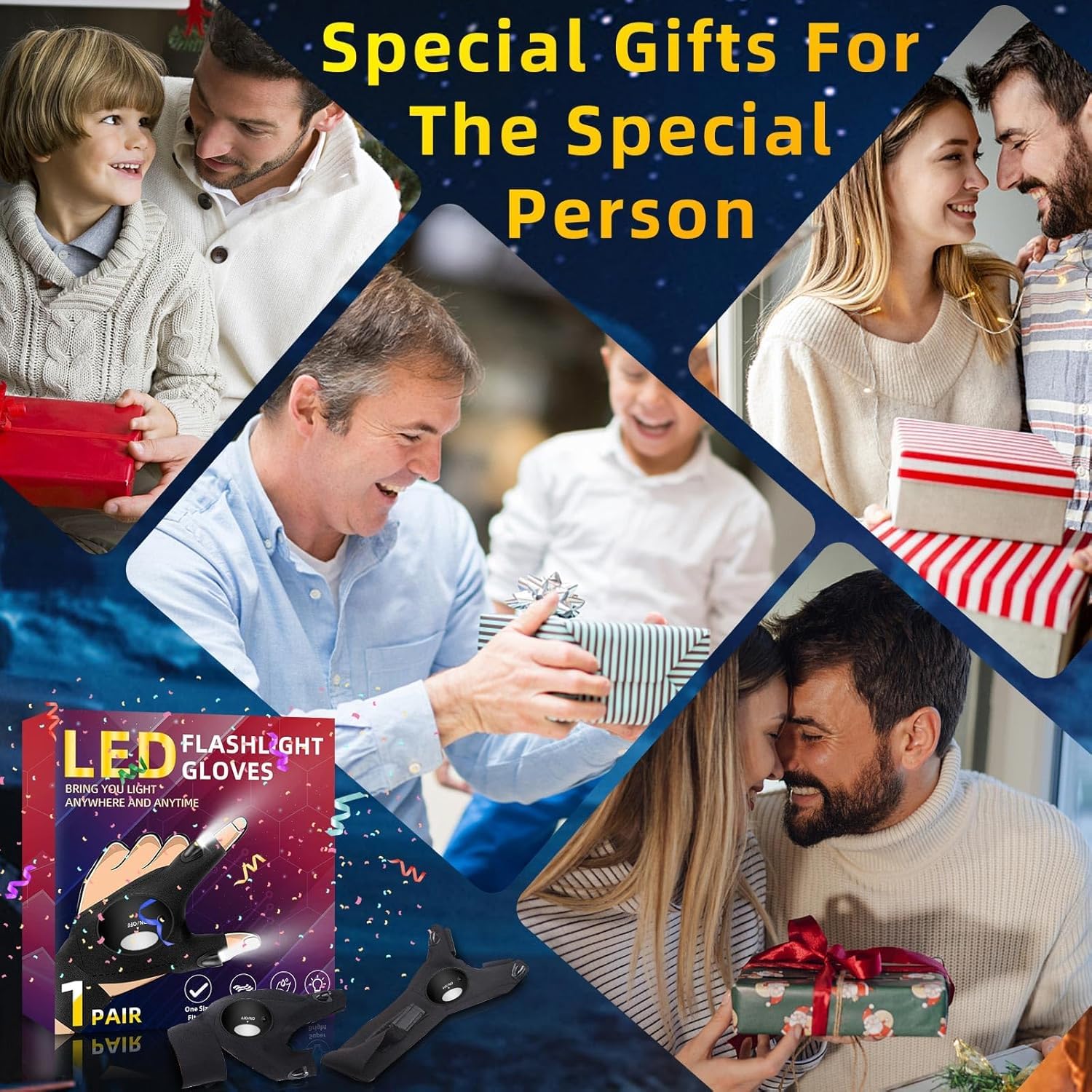 LED Flashlight Gloves for Men - Perfect Father's Day, Christmas & Birthday Gifts from Daughter, Son or Wife - Cool Gadgets for Repairing, Fishing & Camping - Black Finger Lights for Dad, Boyfriend & Men