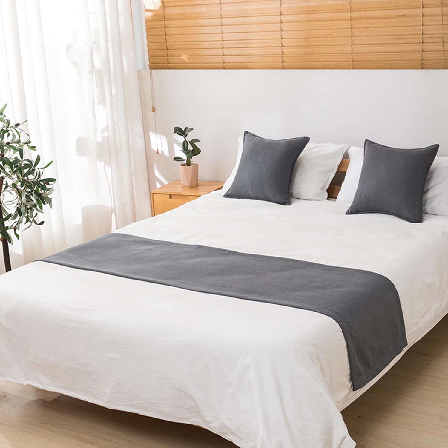 Twelves Waffle Bedrunner Set - Queen Size Decorative Bedding Scarf with 2 Pillowcases for Hotels & Homes, Soft Grey Textured Weave - Perfect for Bedroom Decor, Guest Rooms & Luxury Accommodations