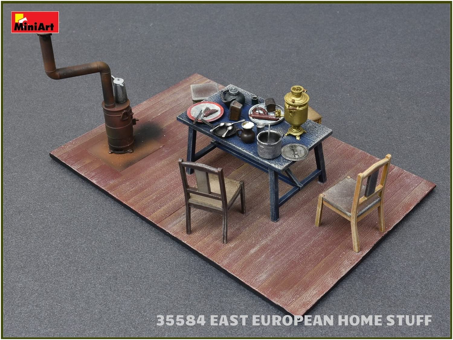 1/35 Scale Mini Art MA35584 Eastern European Household Furniture Model Kit - Tables, Chairs, Tableware & Stove for Diorama, Wargaming & Historical Display