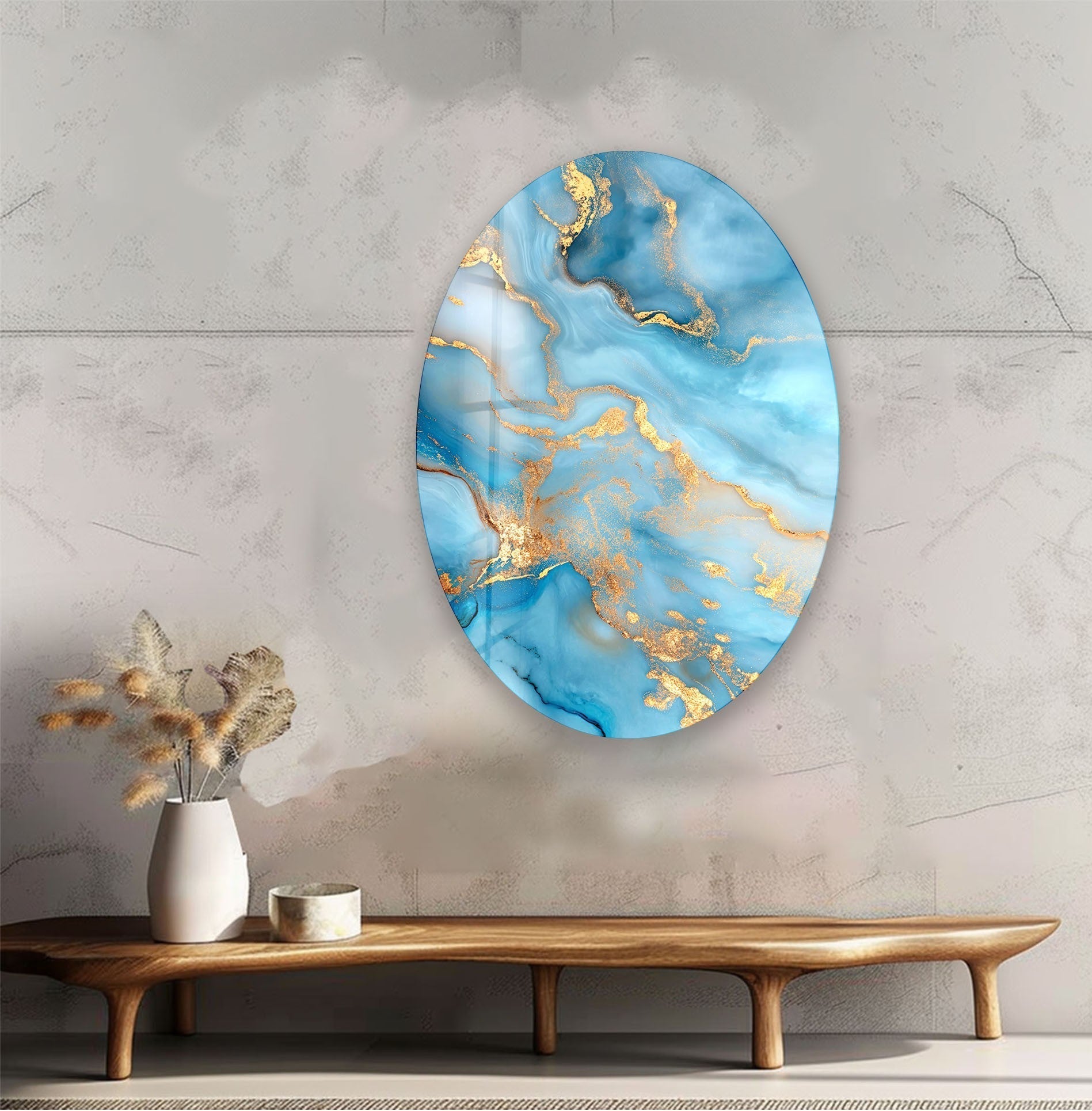 Blue and Gold Asymmetric Oval Glass Wall Art - Elegant Home Decor for Living Room, Bedroom & Office