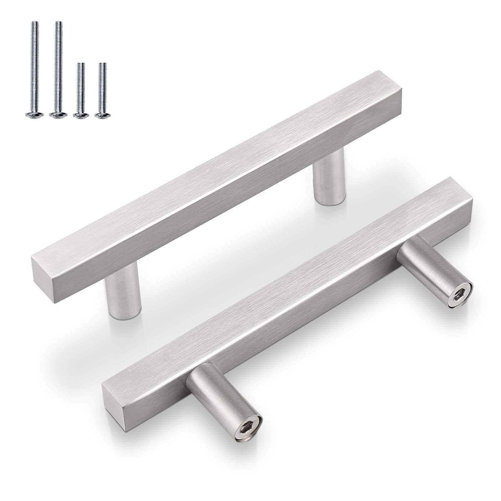 10 Pack Satin Nickel Cabinet Handles - 3 Inch (76mm) Hole Centers Square T Bar Pulls for Kitchen Drawers & Furniture Hardware - Perfect for Modern Cabinets, Bathroom Vanities & Office Storage