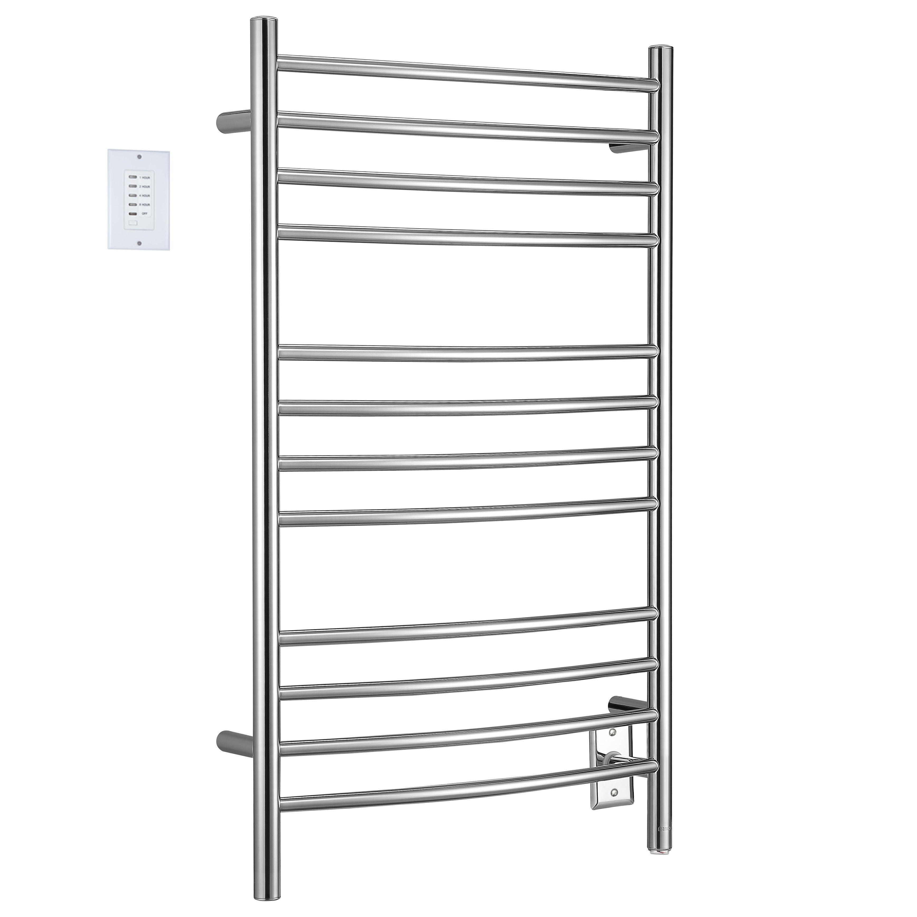 Lustra Dual 12 Curved Bar Towel Warmer - Hardwired & Plug-in Polished Stainless Steel with Countdown Timer - Perfect for Bathrooms, Spas & Luxury Home Heating