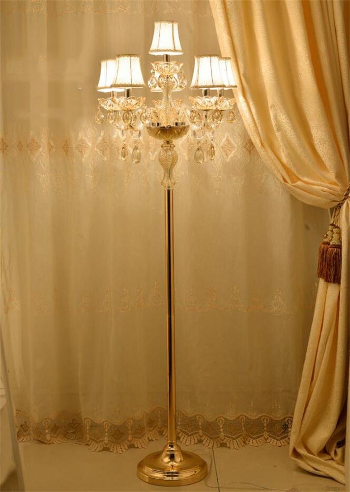 European Gold Crystal Floor Lamp with Cloth Lampshade - Luxury Creative E14 Reading & Craft Light for Living Room & Bedroom (6 Heads) - Perfect for Home Decor, Night Reading, and Cozy Ambiance