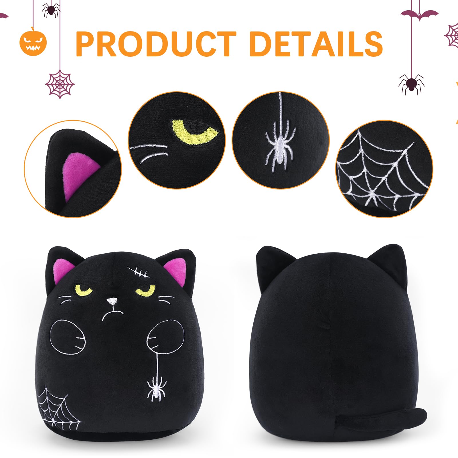 Black Cat Plush Pillow - 9 Inch Halloween Stuffed Animal Toy, Soft & Cute Home Decor for Kids & Adults | Perfect for Halloween Decorations, Gifts, and Cozy Bedroom Accents