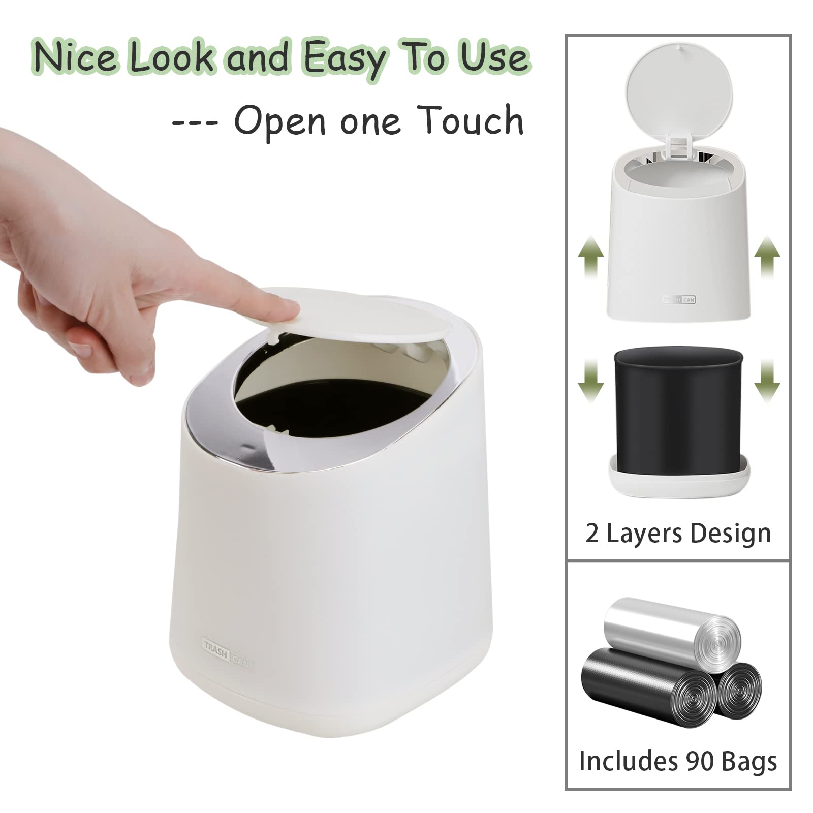 Mini Desktop Trash Can with 90 Trash Bags - Press-Type Lid Countertop Waste Bin, Small Plastic Garbage Can for Bathroom, Bedroom, Living Room & Dressing Table (White) - Perfect for Home, Office & Vanity Organization