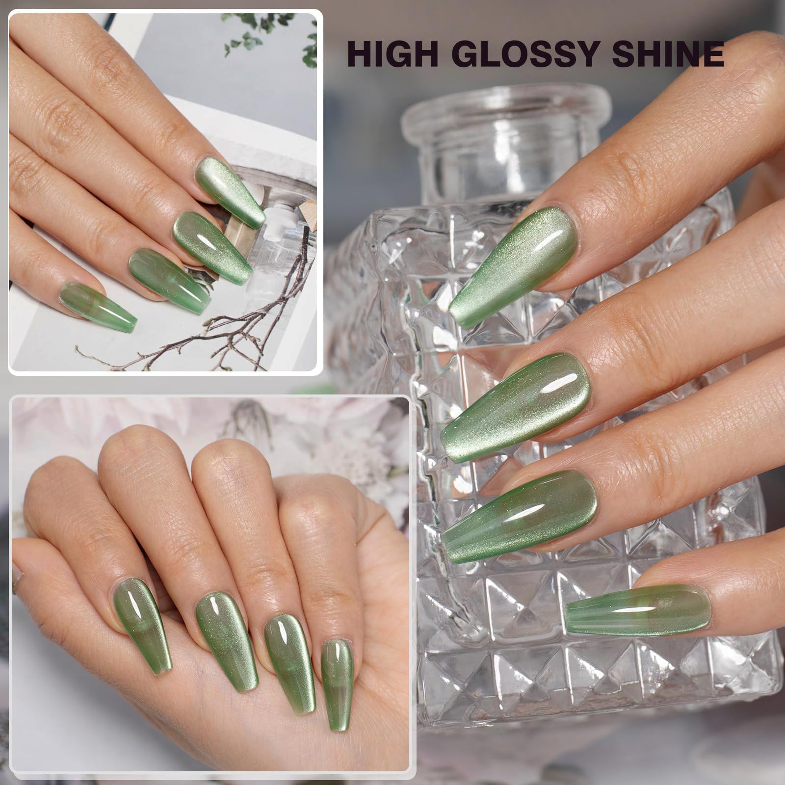 Emerald Green Cat Eye Gel Polish 15ml - UV Magnetic Glitter Nail Polish with Magnet - Long Lasting Translucent Nail Gel for Women - Nail Art Design (EY74) - Perfect for Salon, Home Manicures & Special Occasions