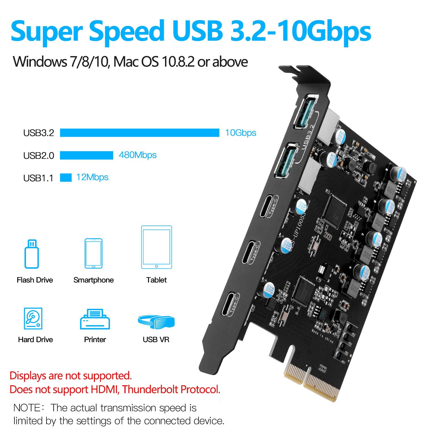 PCIe to USB 3.2 5-Port Expansion Card - 10Gbps (3xC + 2xA) for PC - Windows/Linux/Mac - Desktop & Workstation Use