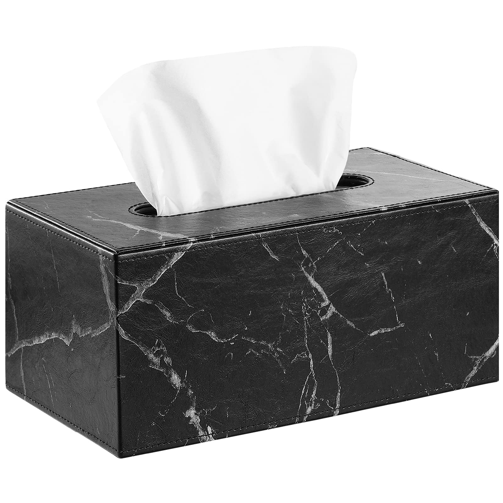 Lewondr Marble Tissue Box Cover - Rectangular PU Leather Facial Tissue Holder & Napkin Storage Box - Toilet Paper Dispenser for Countertop, Bedroom, Bathroom, Car & Office - Black Marble - Perfect for Home Decor & Organization