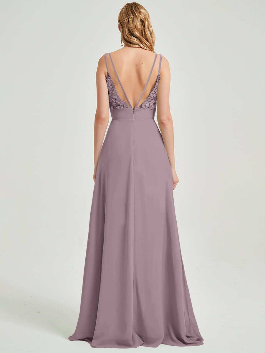 Elegant Dusk Blue Spaghetti Strap V-Neck Slit Maxi Bridesmaid Dress - Flowy Chiffon & Lace Formal Gown for Weddings, Prom, Evening Parties