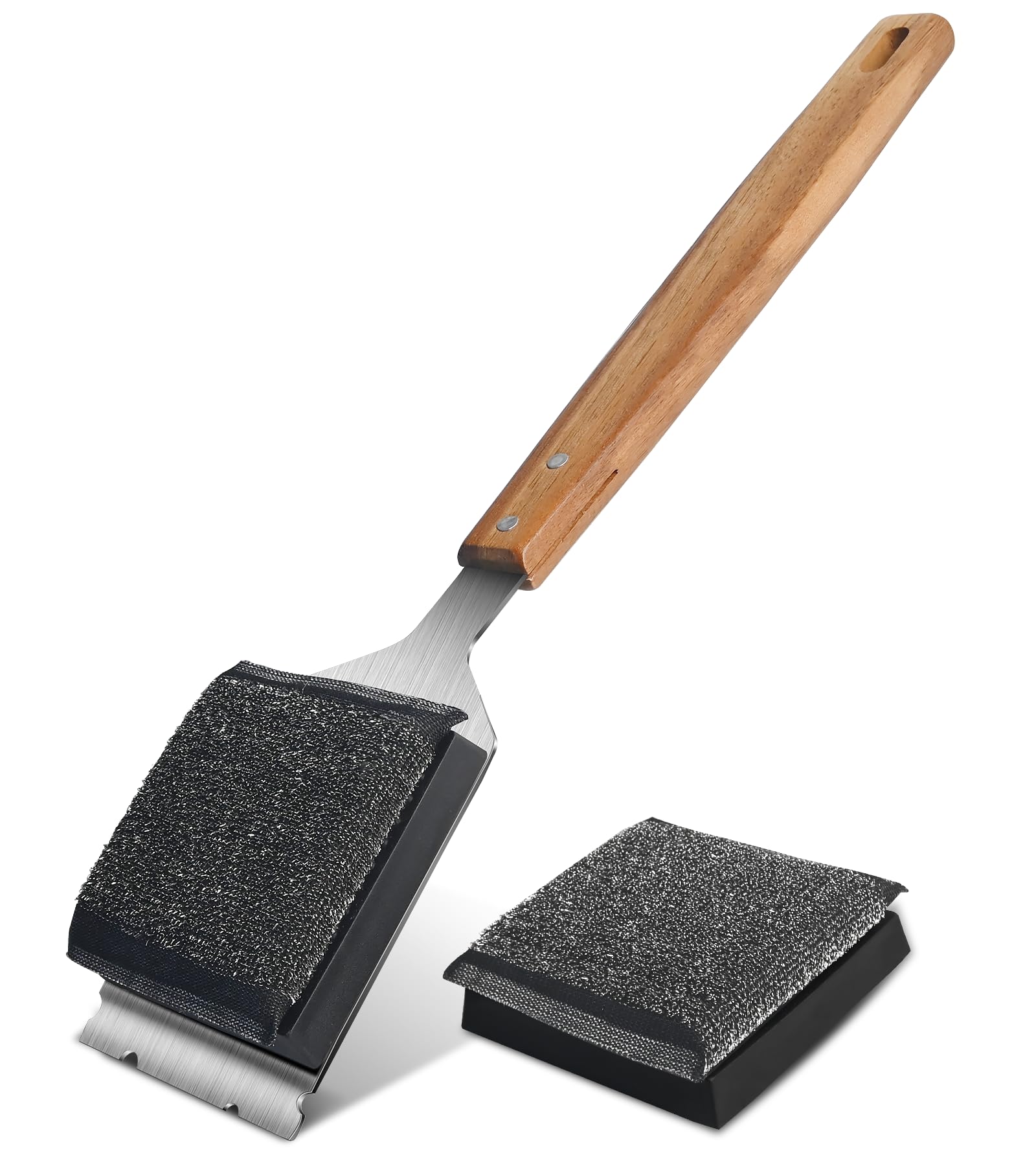 Stainless Steel BBQ Grill Brush with Wooden Handle - Bristle-Free Grill Cleaner with Replacement Head & Scraper for Outdoor Gas, Charcoal Grills - Perfect for Backyard Cookouts, Camping & Picnics
