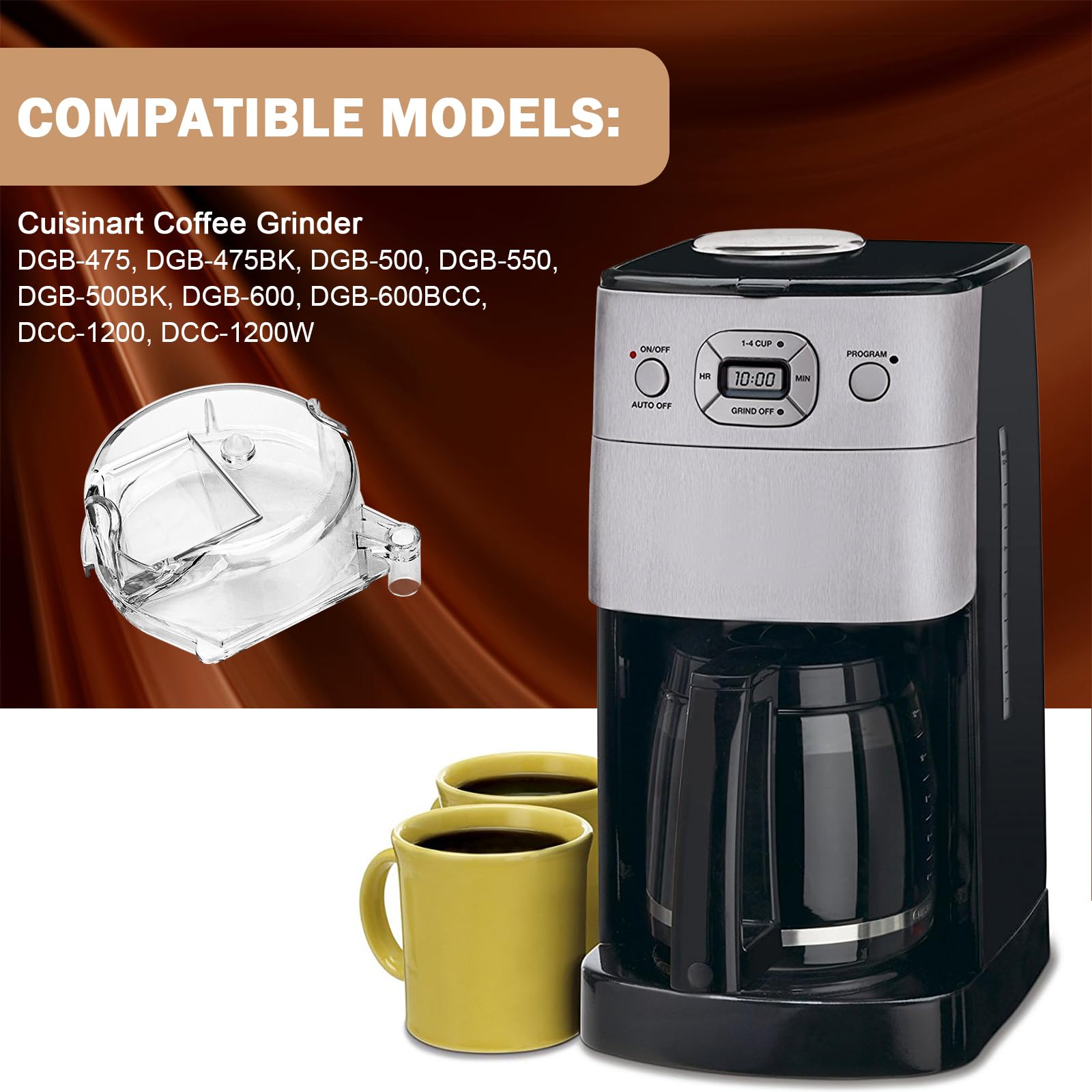 Original DGB-500GLID Grinder Assembly Lid Replacement for Cuisinart Coffee Grinder - Compatible with DGB-600/DGB-625/DGB-650/DGB-500/DGB-500BK/DGB-600BCC Models - Clear Plastic Cover - Perfect for Home & Office Coffee Brewing