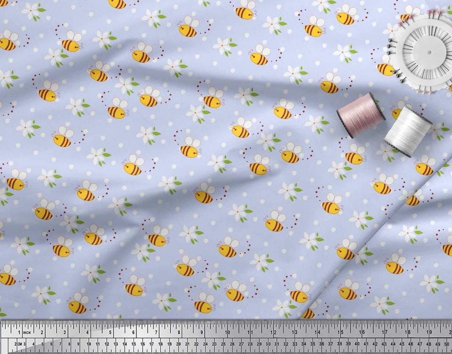 Soimoi Cotton Voile Fabric - Blue Floral Honey Bee Print - 42