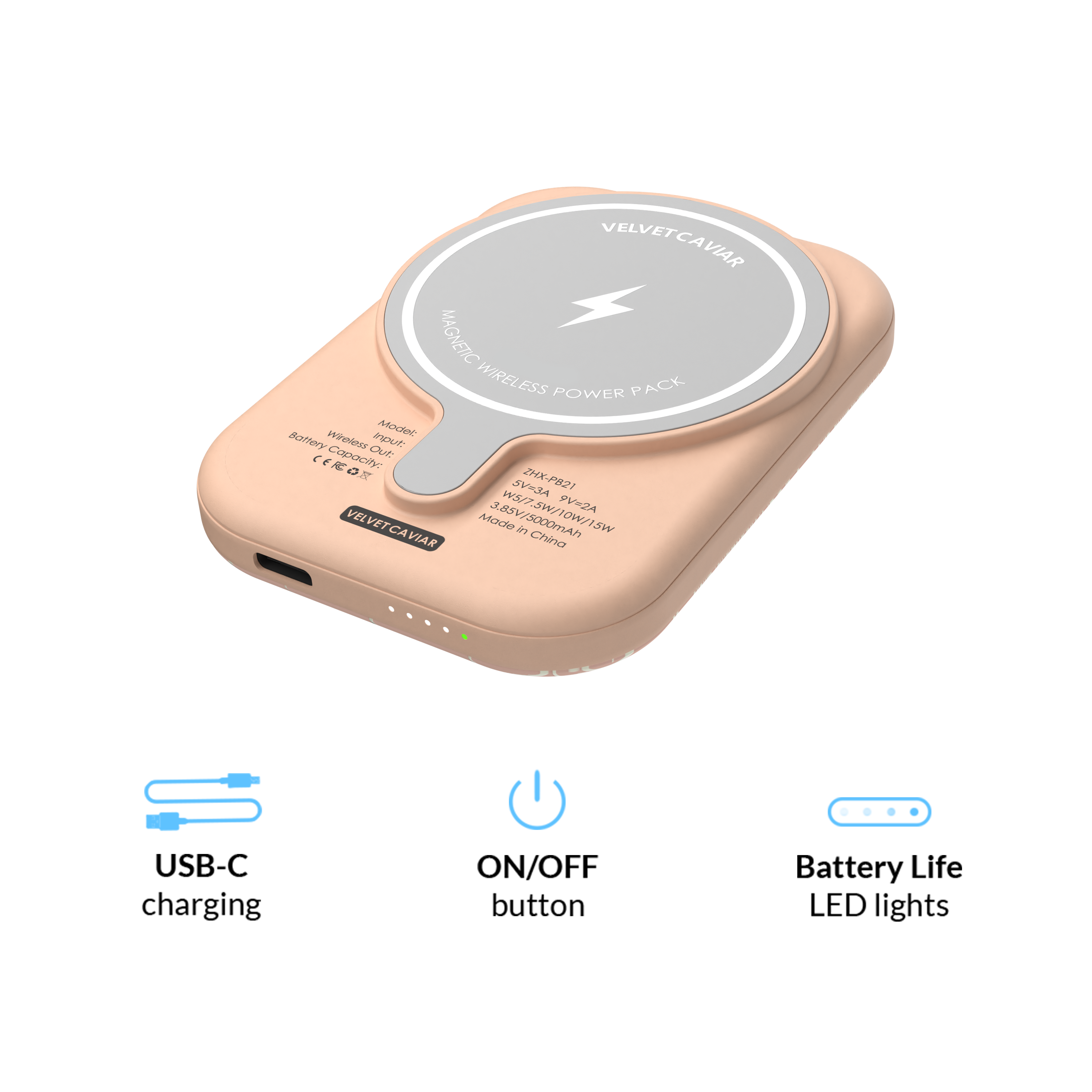 Peach Blossom MagSafe Wireless Charger - 5000mAh Portable Power Bank for iPhone 12/13/14/15 - Fast Charging Battery Pack for Travel, Work, and Outdoor Adventures
