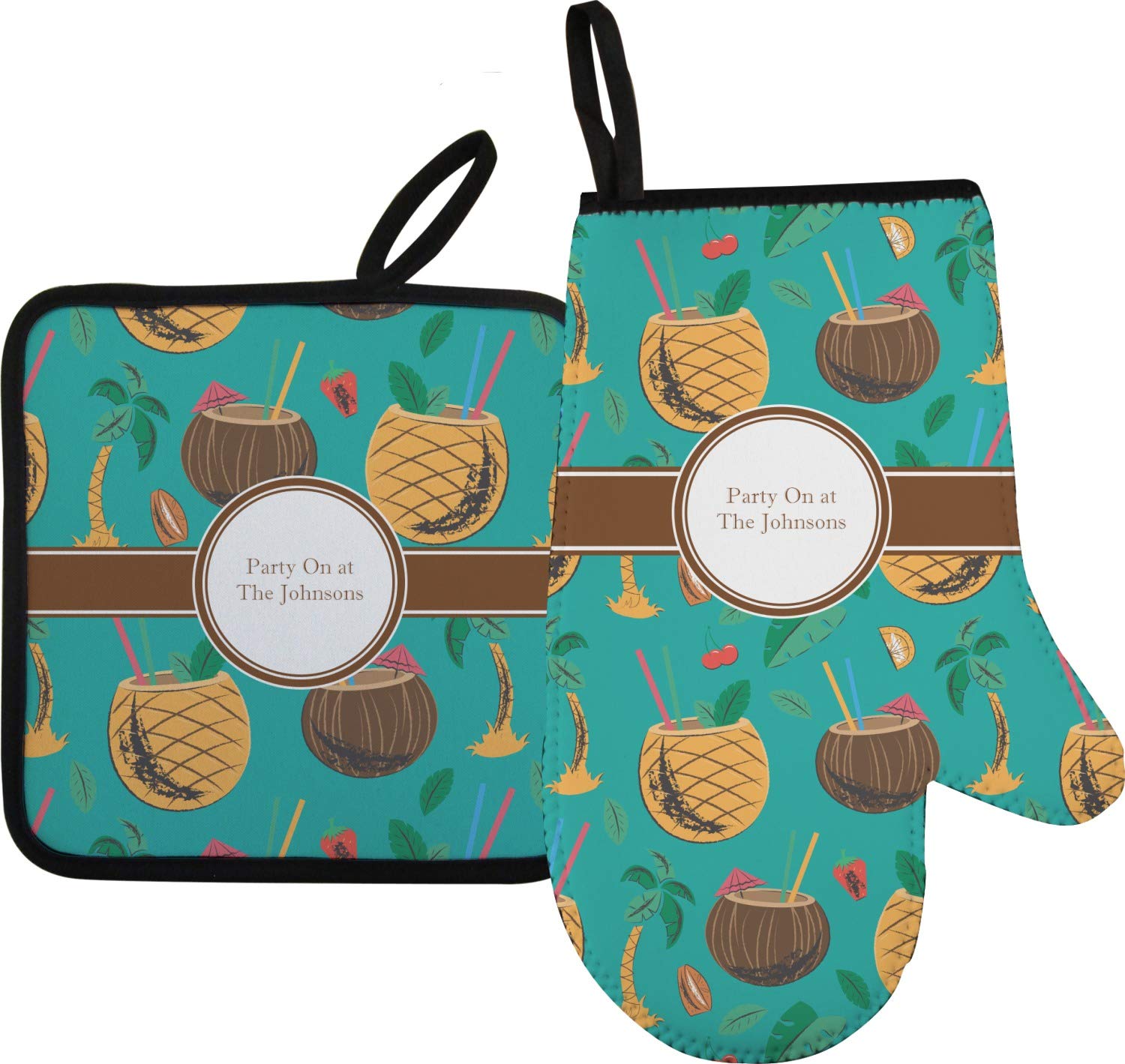 Personalized Coconut Drink Oven Mitt & Pot Holder Set with Custom Name or Text - Perfect for Kitchen, BBQ, and Housewarming Gifts