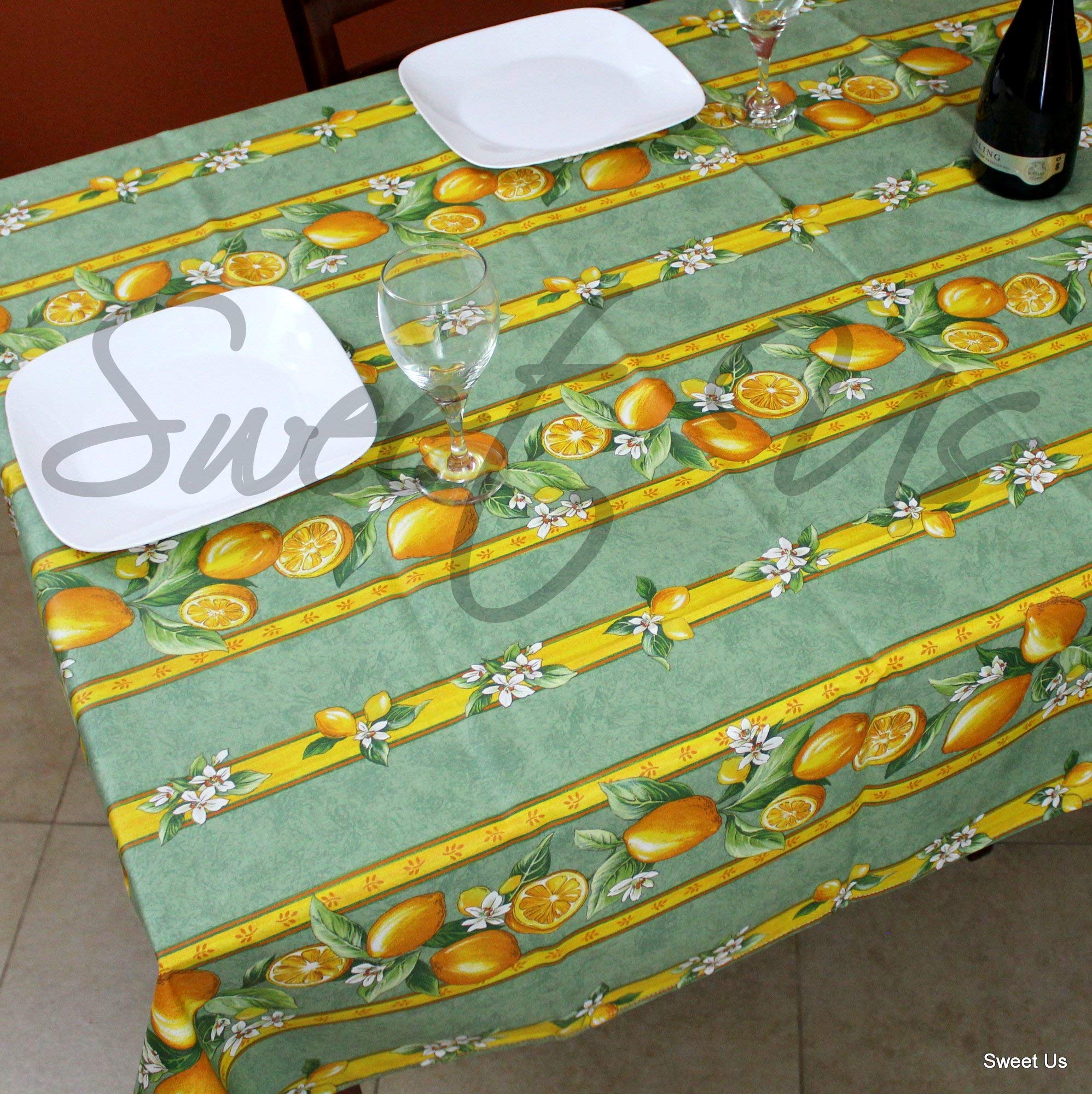 La Cigale Citron Wipeable Spill-Resistant Acrylic Coated Floral Cotton French Provencal Tablecloth - 60 x 116 Inch Green - Perfect for Indoor Dining, Outdoor Picnics & French Country Decor