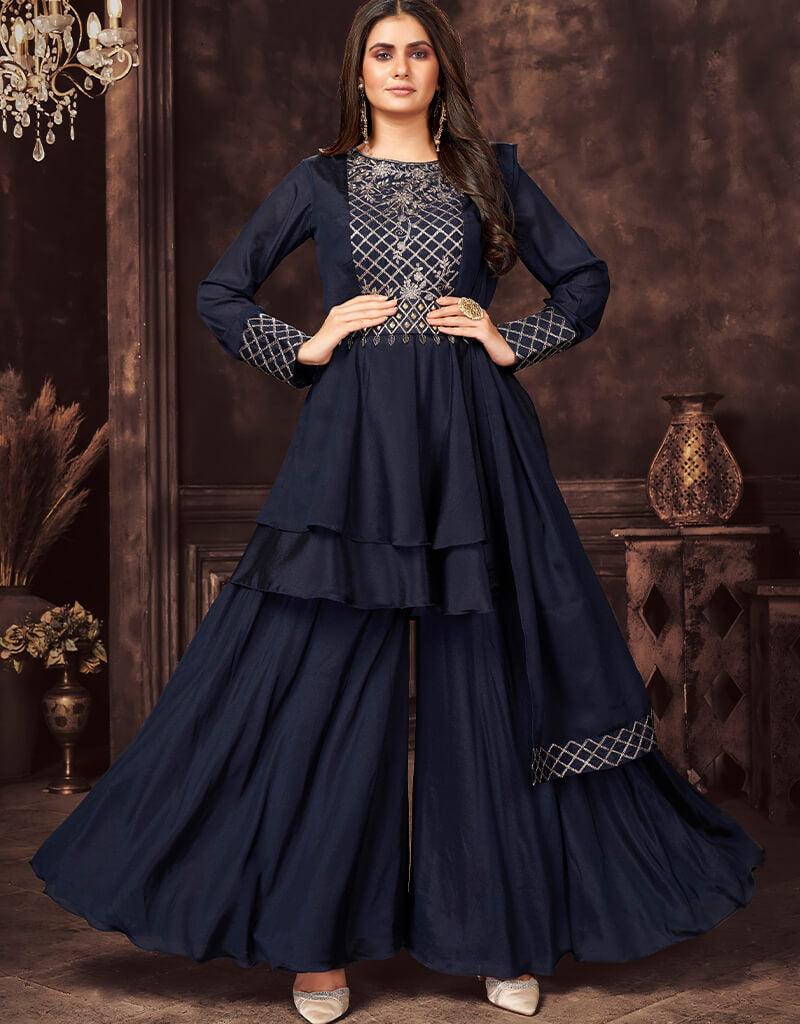 Elegant Blue Chinon Sharara Suit for Women | Pakistani Ethnic Party Wear | Perfect for Weddings, Festivals & Special Occasions
