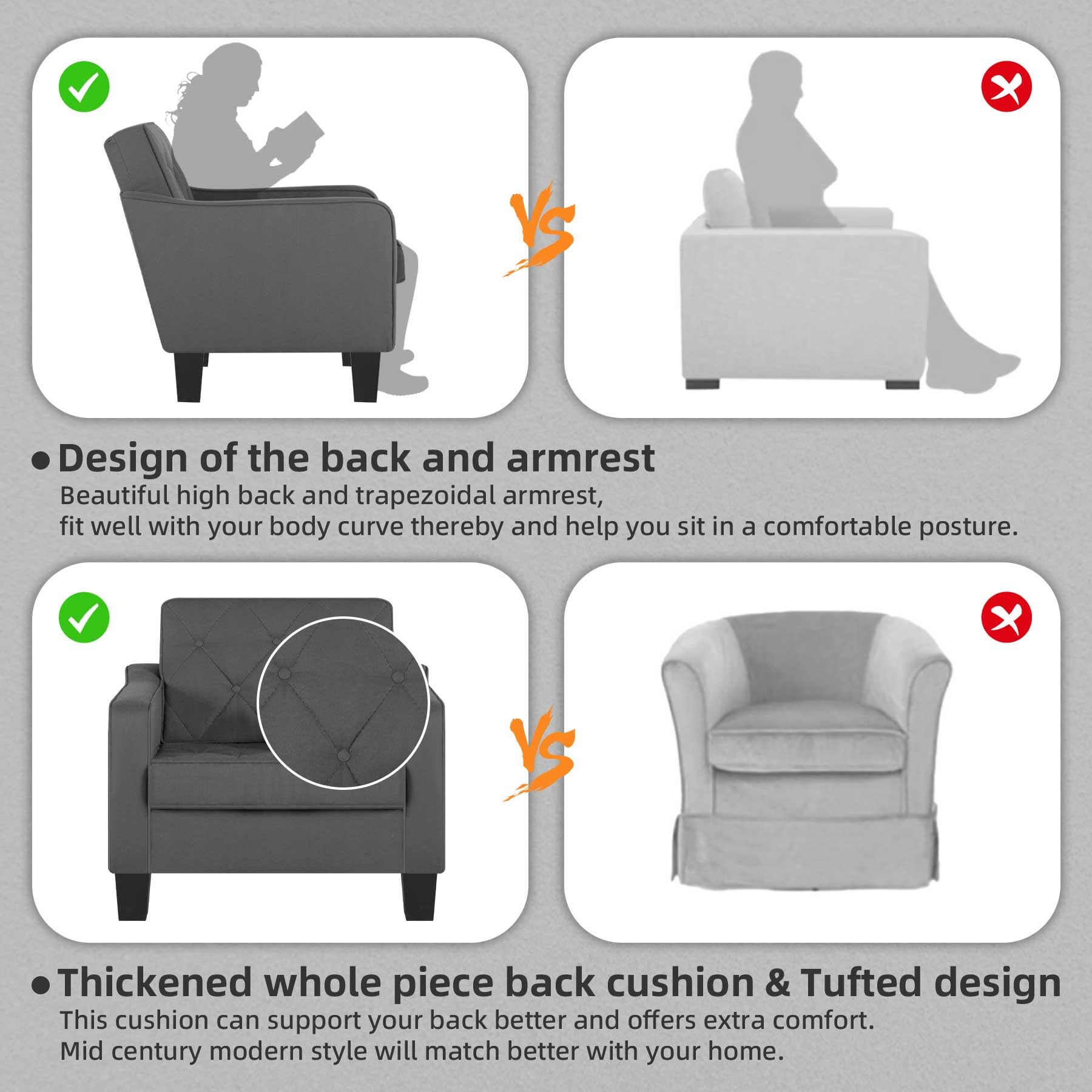 STHOUYN 2-Piece Grey Tufted Accent Chairs Set - Modern Living Room Armchairs, Comfortable Club Chairs for Bedroom, Office & Small Spaces - Perfect for Reading, Waiting Areas & Home Decor