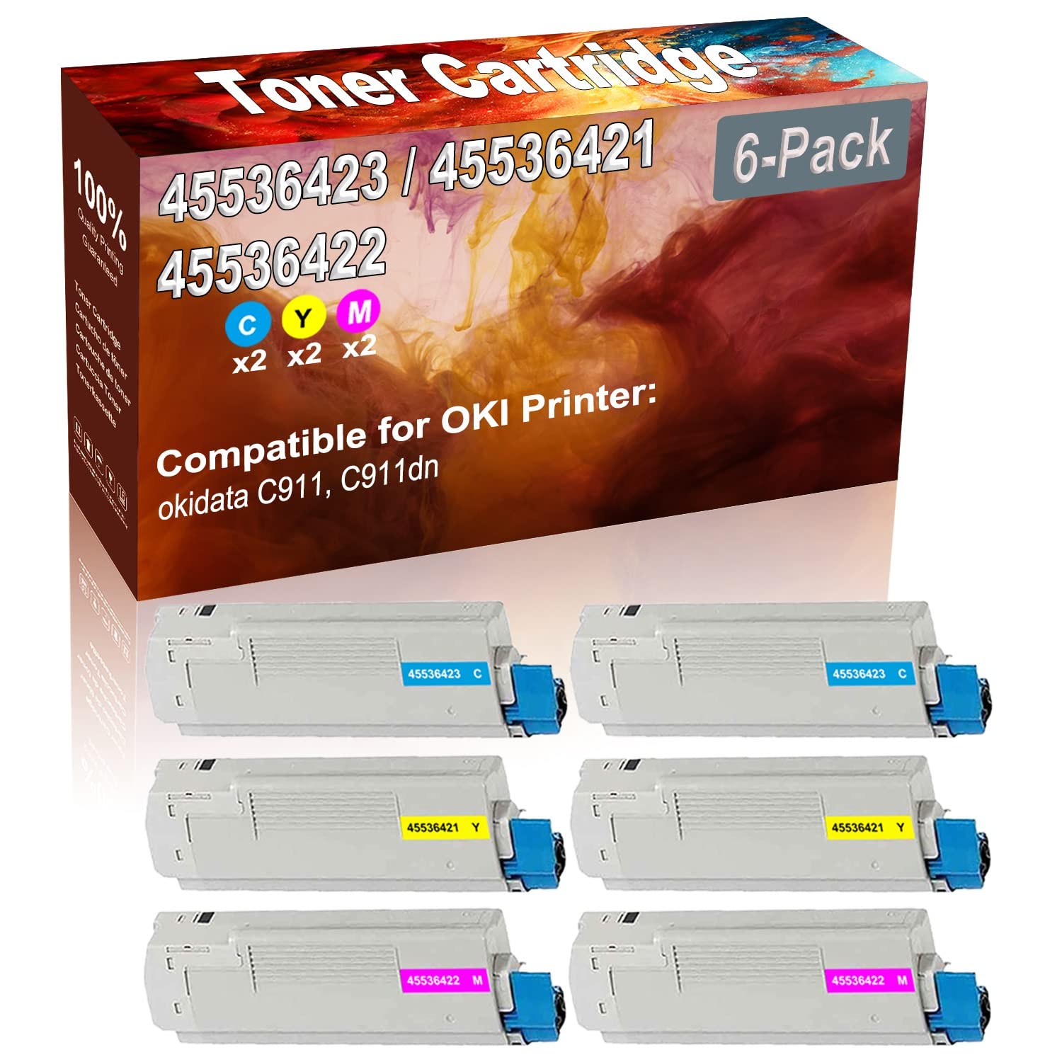 High Capacity 6-Pack (2C+2Y+2M) Replacement Toner Cartridge for OKI C911/C911dn Printers - Compatible with OKI 45536423/45536421/45536422 - Ideal for Office, Home & High-Volume Printing Needs