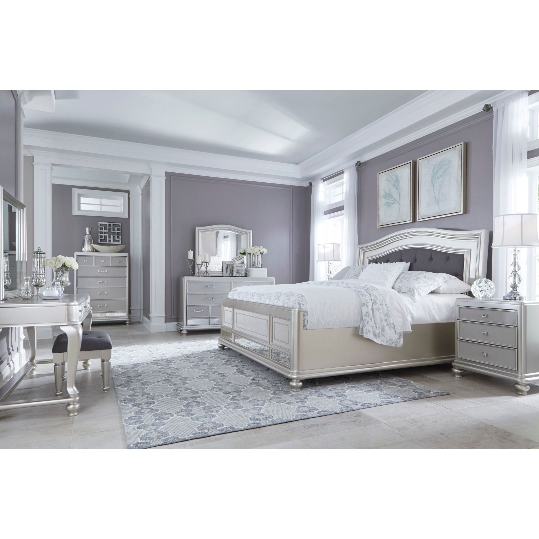 Coralayne 5-Piece Sleigh Bedroom Set - Queen Size Bed Frame, Nightstand & Dresser - Classic Wooden Bedroom Furniture for Master Bedroom & Guest Room Decor