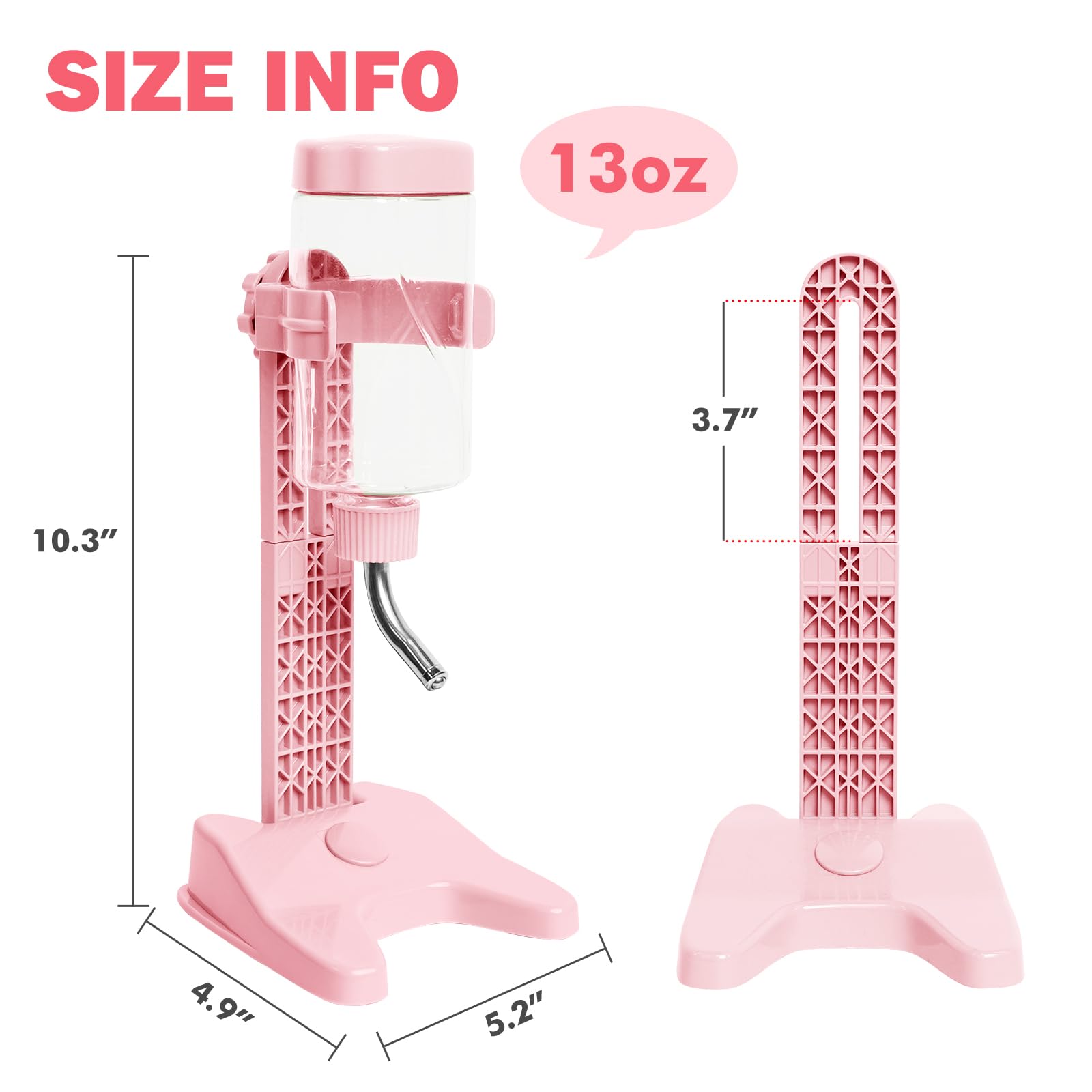 VANNON Top Fill Pet Water Dispenser - 13oz Leakproof Dog Water Bottle with Stand, Adjustable Height, BPA Free for Small Animals - Ideal for Travel, Cages, and Home Use (Pink)
