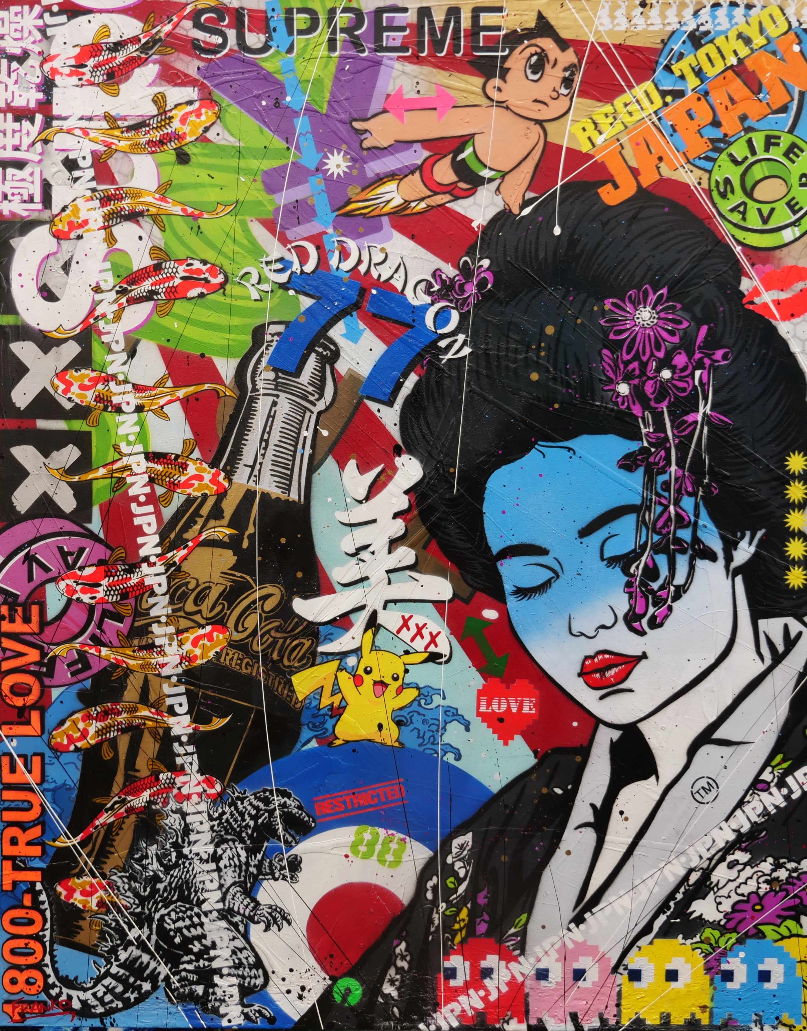 Modern Pop Geisha Wall Art - 47x59 Inch Textured Canvas Painting, Japanese Urban Pop Art Decor for Living Room & Bedroom