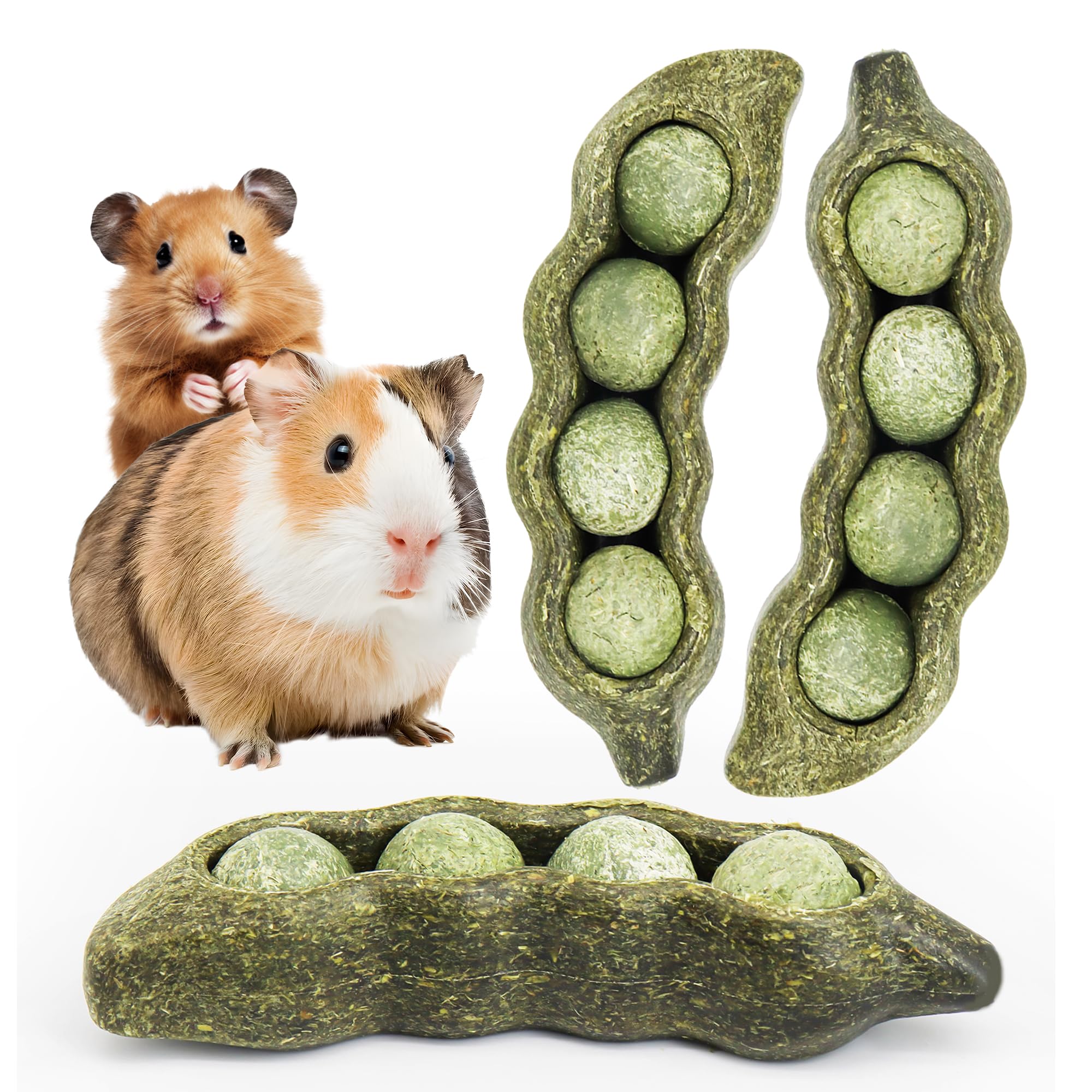 3PCS Guinea Pig Chew Toys for Teeth Care - Natural Timothy Grass & Vegetable Chew Sticks for Hamsters, Chinchillas - Peapod-Shaped Small Pet Dental Toys for Cage Enrichment & Boredom Relief