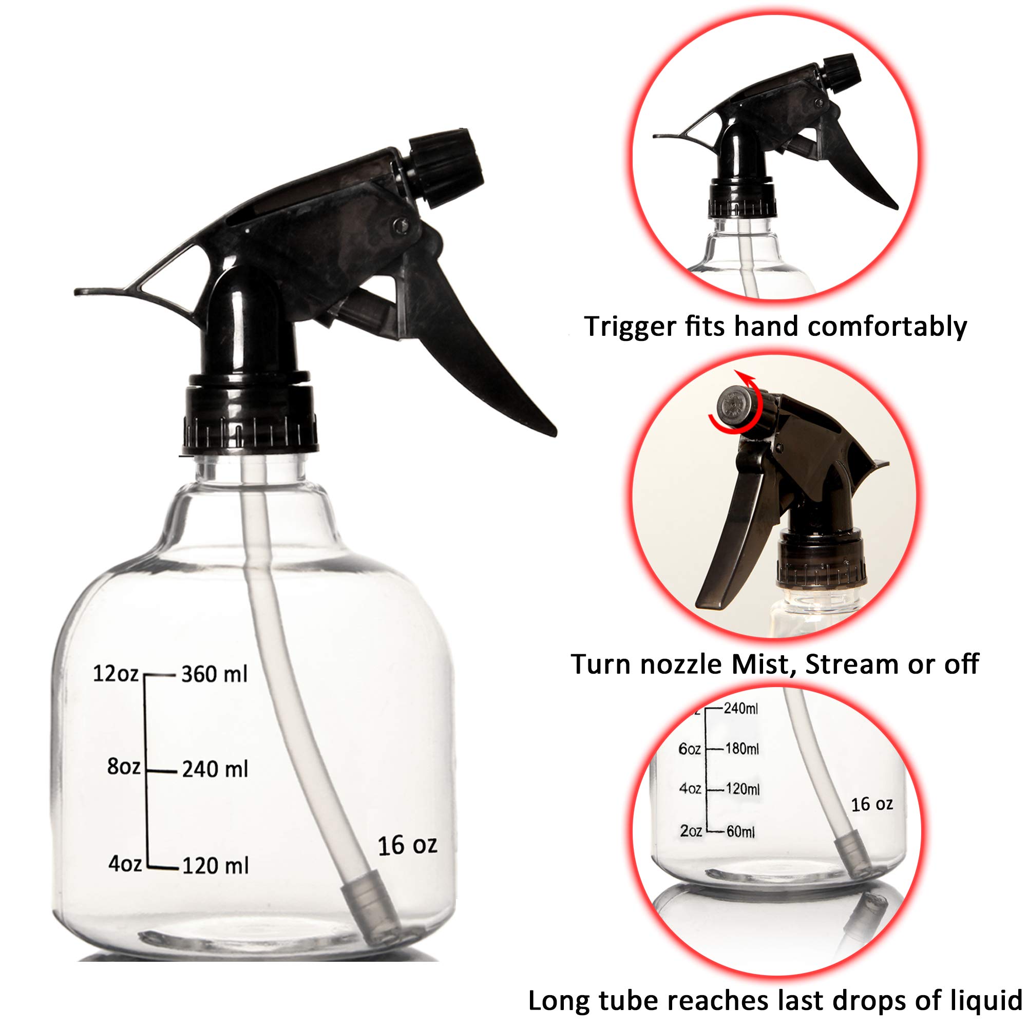 Youngever 12 Pack 16oz Empty Plastic Spray Bottles - Refillable Hair & Cleaning Solution Containers with Fine Mist Nozzle (Black) for Salon, Home Cleaning & Gardening Use
