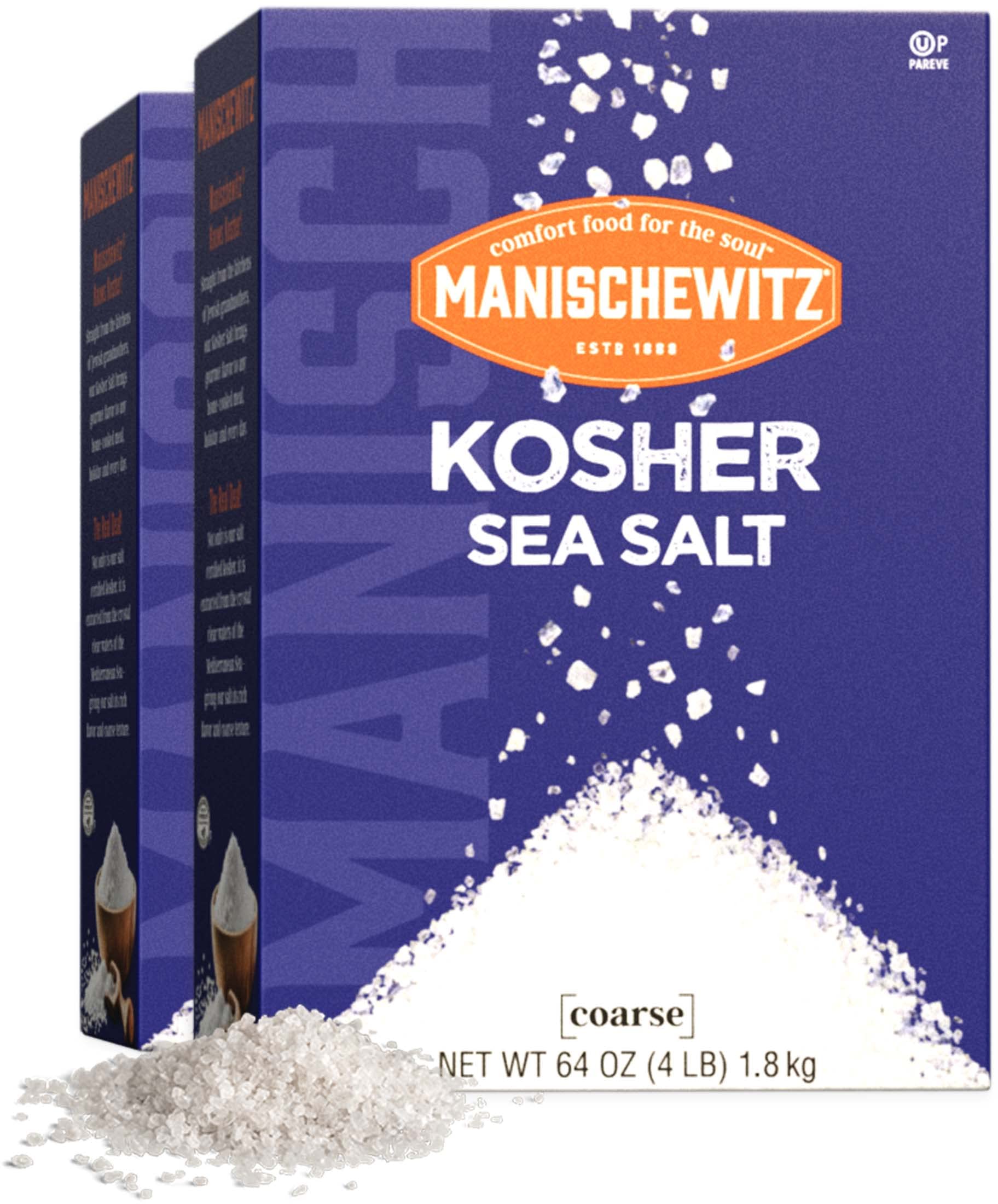 Manischewitz Natural Bulk Kosher Salt, 4lb (2 Pack) - 100% Pure Coarse Sea Salt from Sicily Italy | Iodine Free, No Additives | Perfect for Salt Grinder Refill & Cooking | 25% More Than 3lb Box | Ideal for Seasoning, Baking & Gourmet Dishes