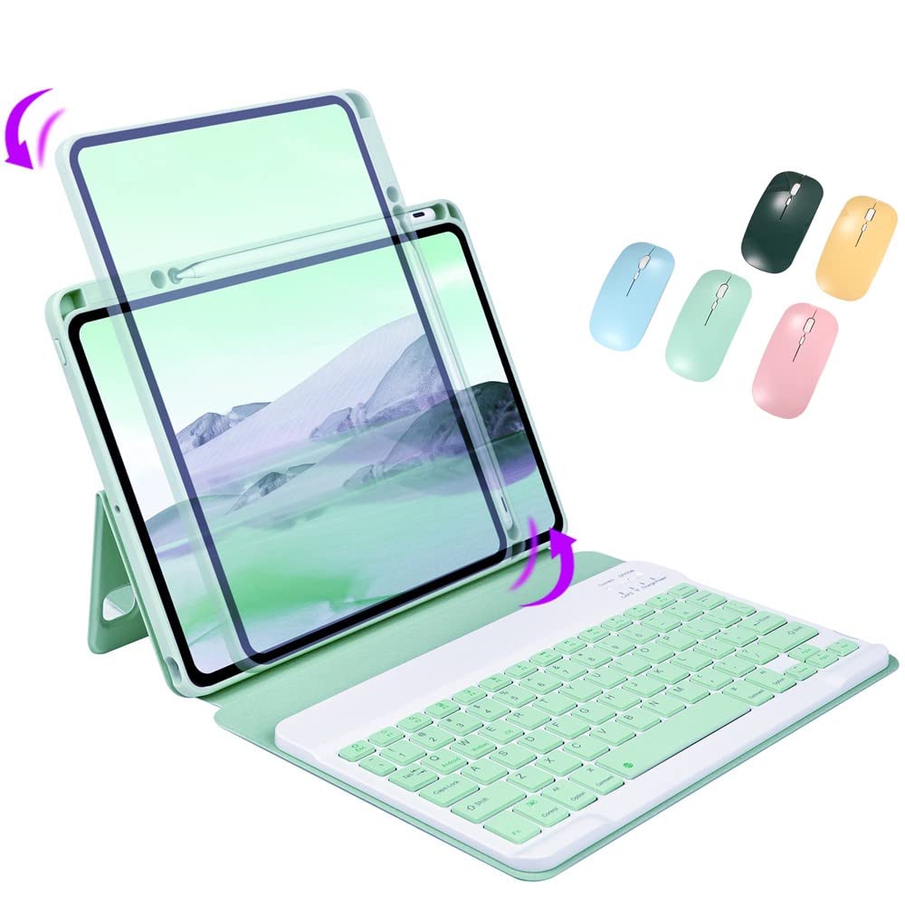 Wireless Bluetooth Keyboard & Mouse Combo for iPad 9th/8th/7th Gen, iPad Air 3rd Gen, iPad Pro 10.5 - Magnetic Detachable Back Cover with Pencil Holder & Transparent Case (Mint Green) | Perfect for Office Work, Online Classes & Travel Use