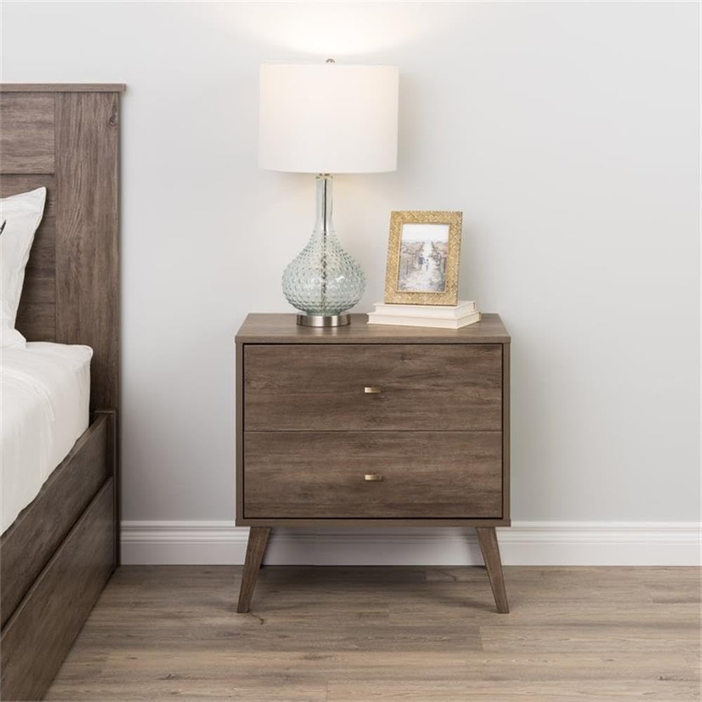 Allora Mid Century Modern 2 Drawer Wooden Nightstand - Drifted Gray Finish Bedside Table for Bedroom, Living Room & Office Storage | Compact Night Stand with Drawers for Home Decor