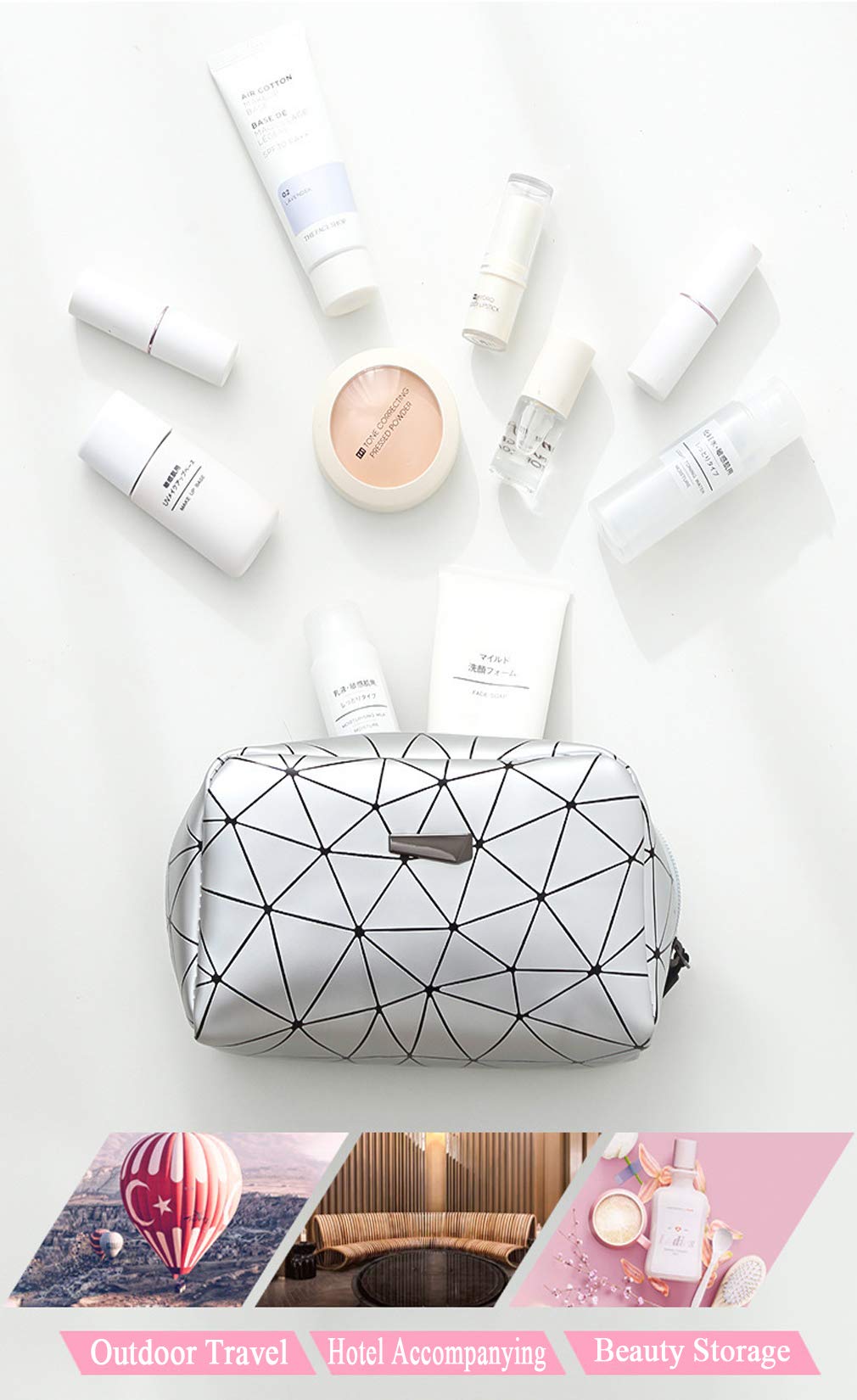 Waterproof Cosmetic Makeup Bag for Women - Travel Toiletry Organizer with Brush Storage Pouch, Silver | Perfect for Travel, Gym & Daily Essentials Organization