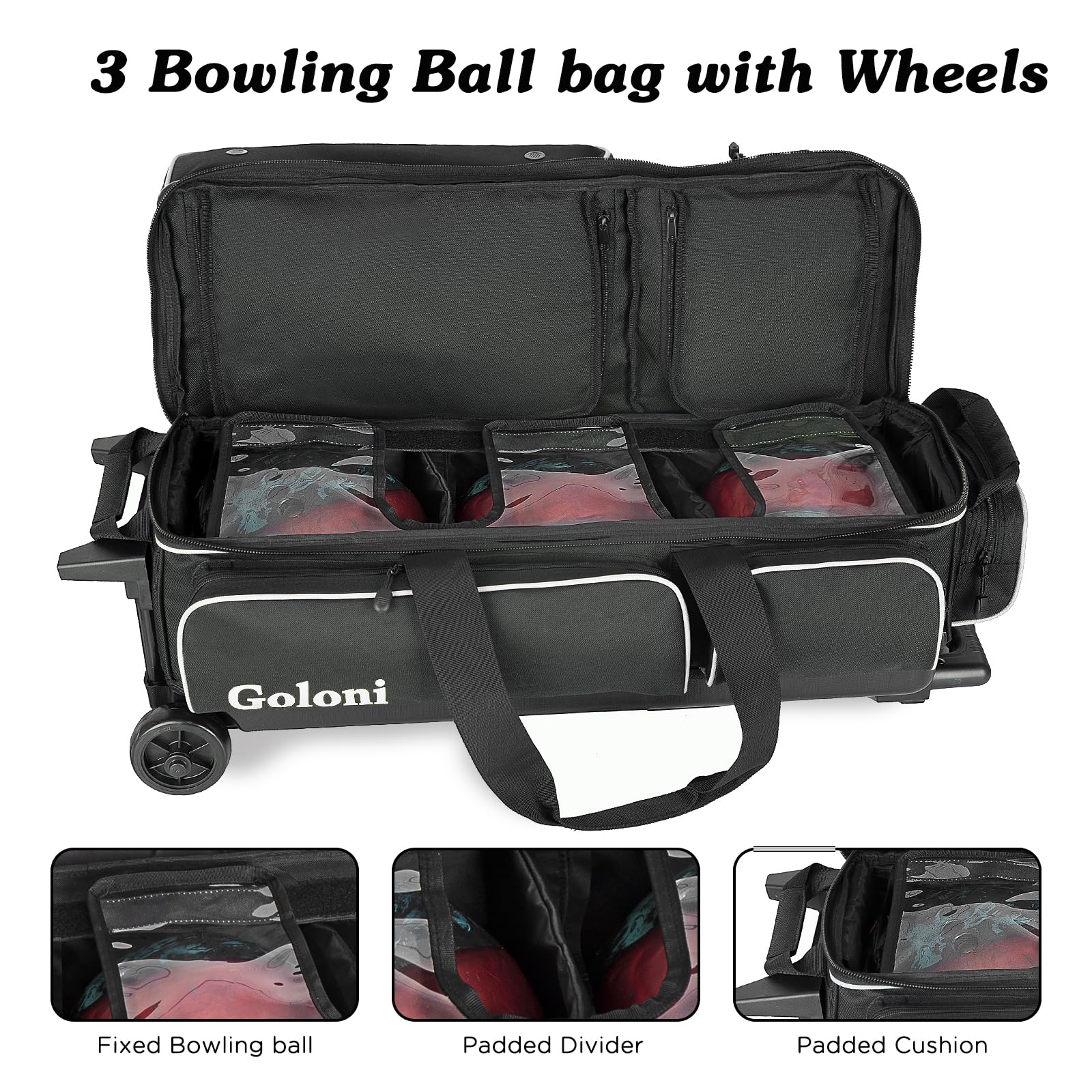 Goloni 3 Ball Rolling Bowling Bag with Wheels & Retractable Handle (Extends to 38