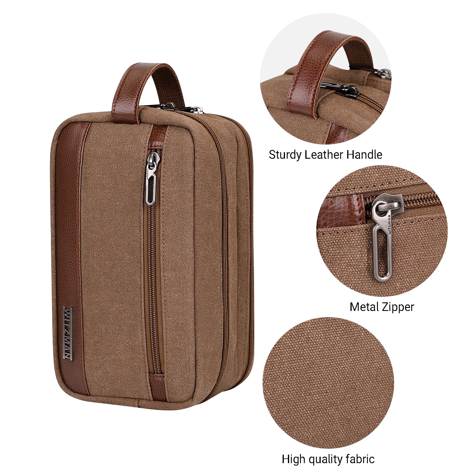 WITZMAN Water-Resistant Hanging Toiletry Bag for Men - Travel Dopp Kit Organizer with Wet Pocket, Durable Canvas Bathroom Bag (A8001 Brown) - Perfect for Camping, Gym & Business Trips