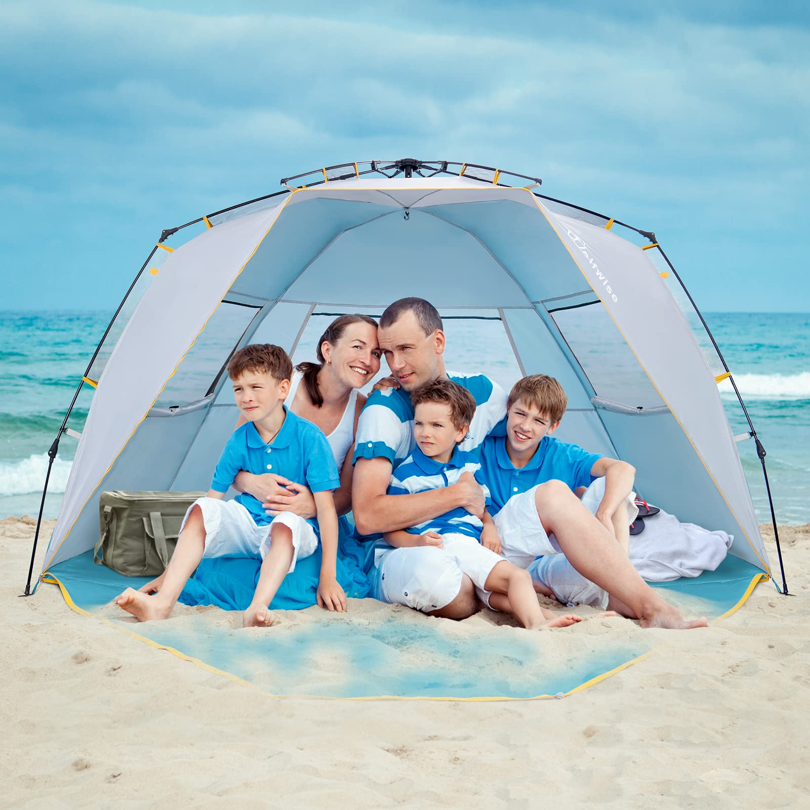 WolfWise Beach Tent with UPF 50+ Sun Protection, Quick Setup Pop Up Sun Shelter for 4-5 People, Portable Windproof Shade Tent with Expandable Floor - Perfect for Family Camping, Beach, Garden & Outdoor Activities