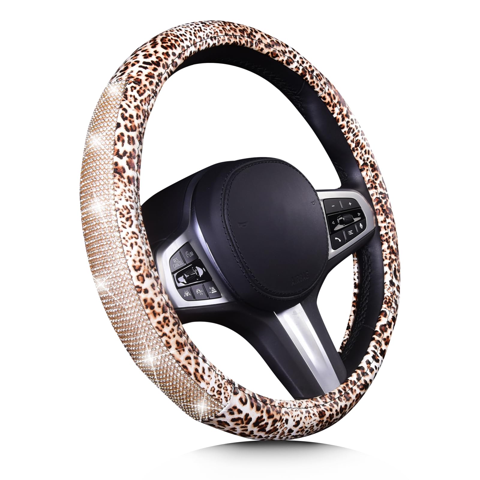Stylish AUTOYOUTH Leopard Print Leather Steering Wheel Cover with Bling Crystal Rhinestones - Anti-Slip, Universal 15 Inch Fit for Cars, SUVs, Trucks (Black/Silver) - Perfect Gift for Women & Girls, Enhances Driving Comfort & Vehicle Interior Style