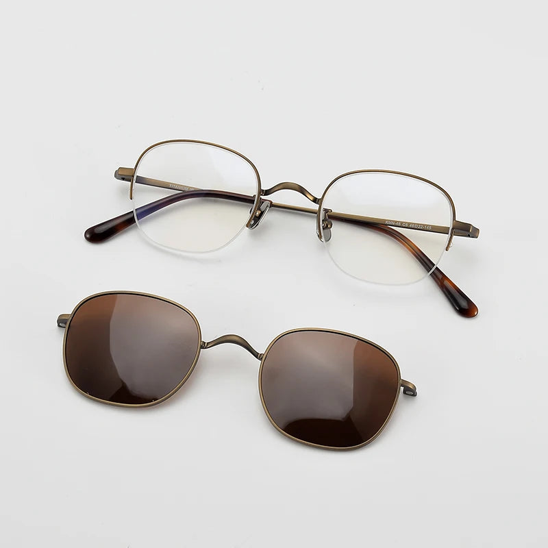Stylish Black Semi-Rimless Oval Titanium Eyeglasses with Clip-On Sunglasses for Women - MK46 | Perfect for Outdoor Activities, Driving, and Fashion Accessories