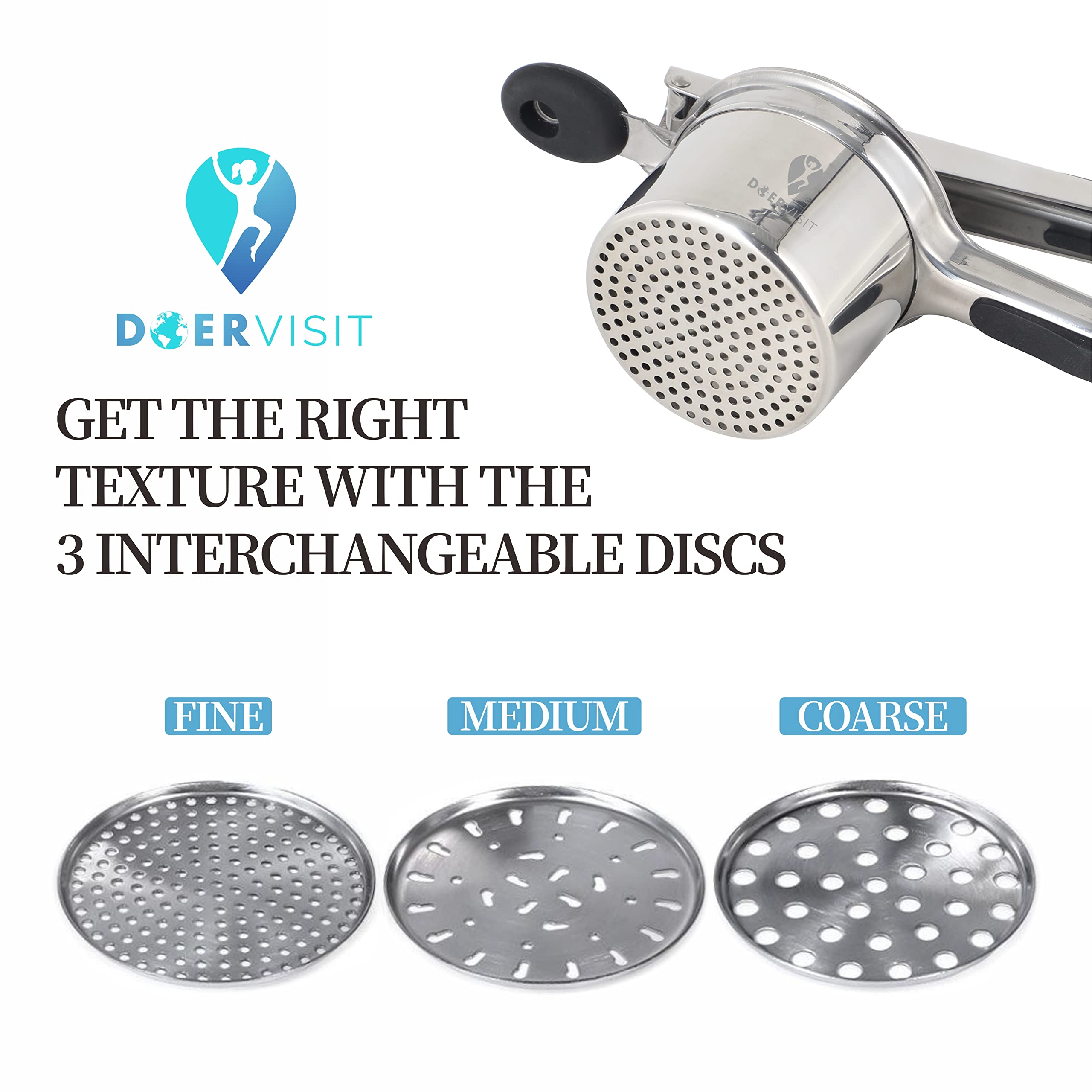 DOERVISIT Stainless Steel Potato Ricer with Secure Catch System - Prevents Disc Displacement When Lifting - Perfect for Mashed Potatoes, Baby Food & Purees - Heavy Duty Kitchen Tool for Home Chefs