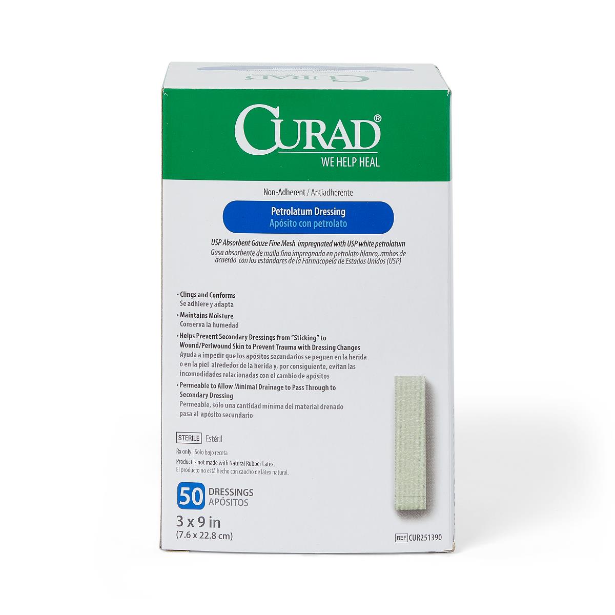 CURAD Sterile Non-Adherent Petrolatum Gauze Dressing 3x9 Inches, Box of 50 | First Aid Wound Care for Burns, Cuts & Abrasions | Medical Grade Bandage Pads for Healing & Protection
