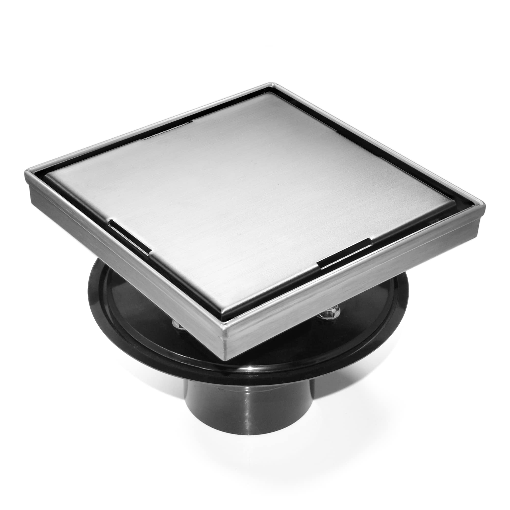 HEATGENE 6-Inch Square Shower Drain with Flat Cover - Stainless Steel Floor Drain with Hair Strainer & 2-in-1 Flat/Tile Insert Cover - Brushed Finish for Bathroom, Shower Stall & Wet Room Installation