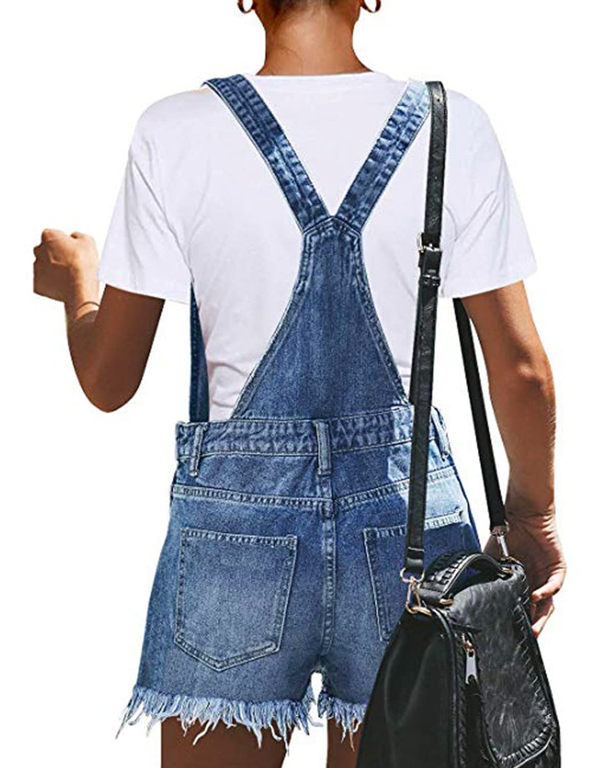 RINTONIX Women's Distressed Denim Overalls Shorts - Ripped Raw Hem Jean Shortall Romper with Pockets | Casual Summer Outfit, Music Festival, Streetwear Fashion