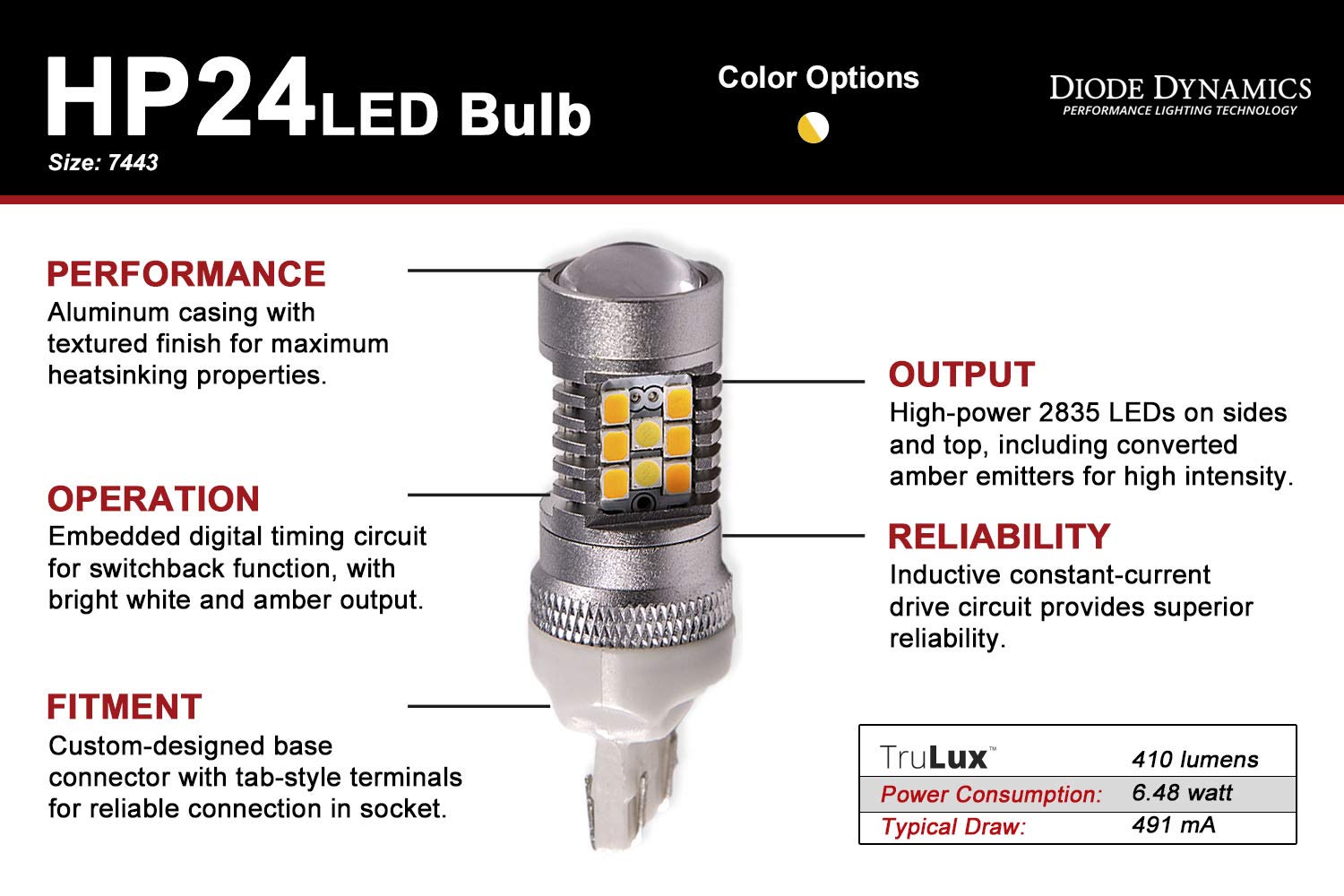 Diodes Dynamics 7443 LED Bulb HP24 - Cool White Switchback Single LED Light Bulb for Cars, Trucks, and Motorcycles - Perfect for Turn Signals, Brake Lights, and Tail Lights