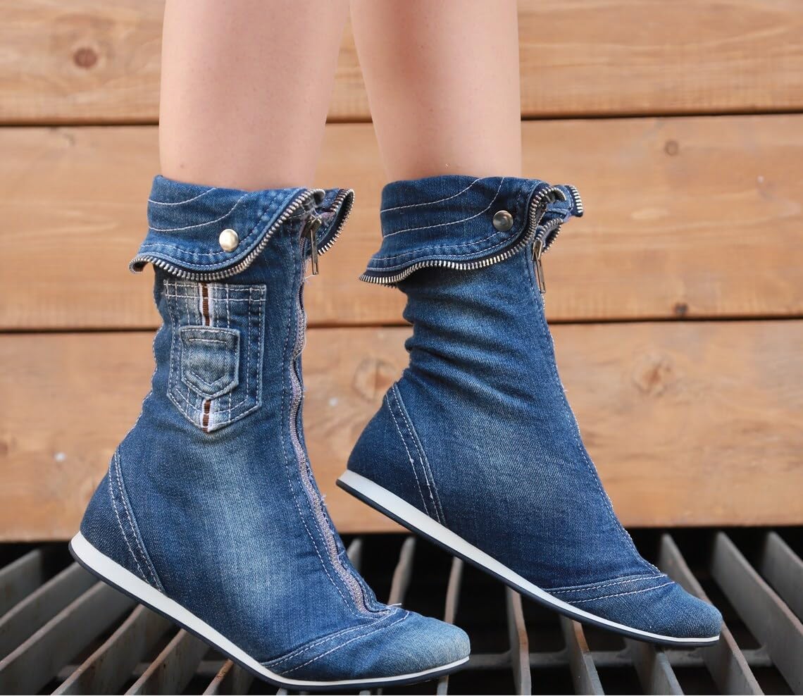 Handmade Women's Fashion Boots - Sexy High Heel Ankle Boots, Sports Style Winter Boots, Blue Jeans Boots for Casual Wear & Birthday Gifts | Perfect for Night Out, Dating & Office Outfits