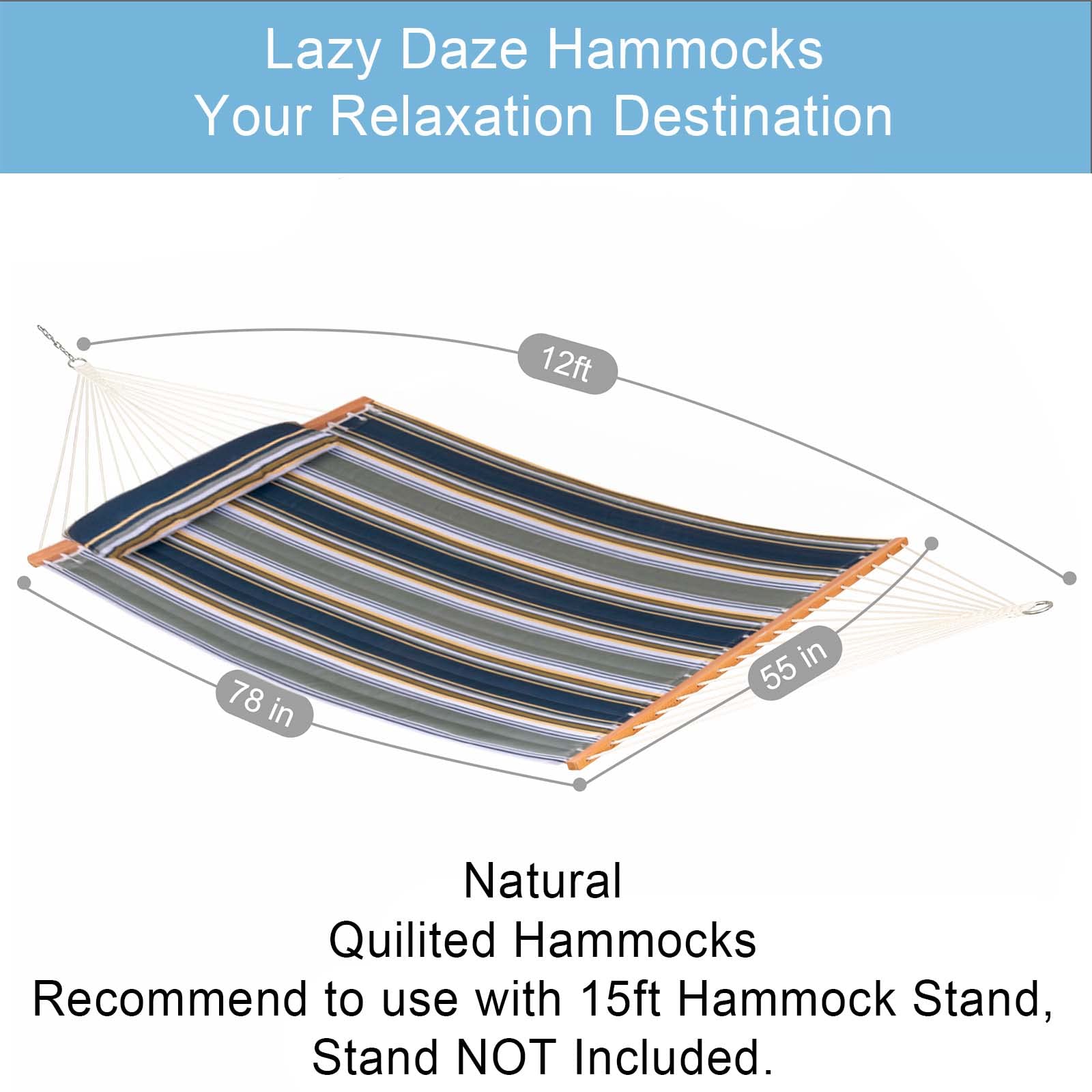 12 FT Quilted Fabric Double Hammock with Spreader Bar - 2 Person Outdoor Hammock with Chains & Pillow - 450 lbs Capacity for Patio, Poolside, Backyard & Beach Camping - Perfect for Relaxing in Forest, Garden or Vacation Getaways